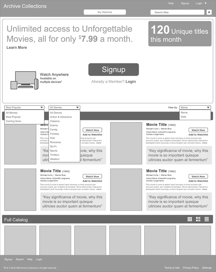 This early layout showing the possibility of exposing more information on select titles. This allowed marketing more space to promote value, "Why is this a great movie?"