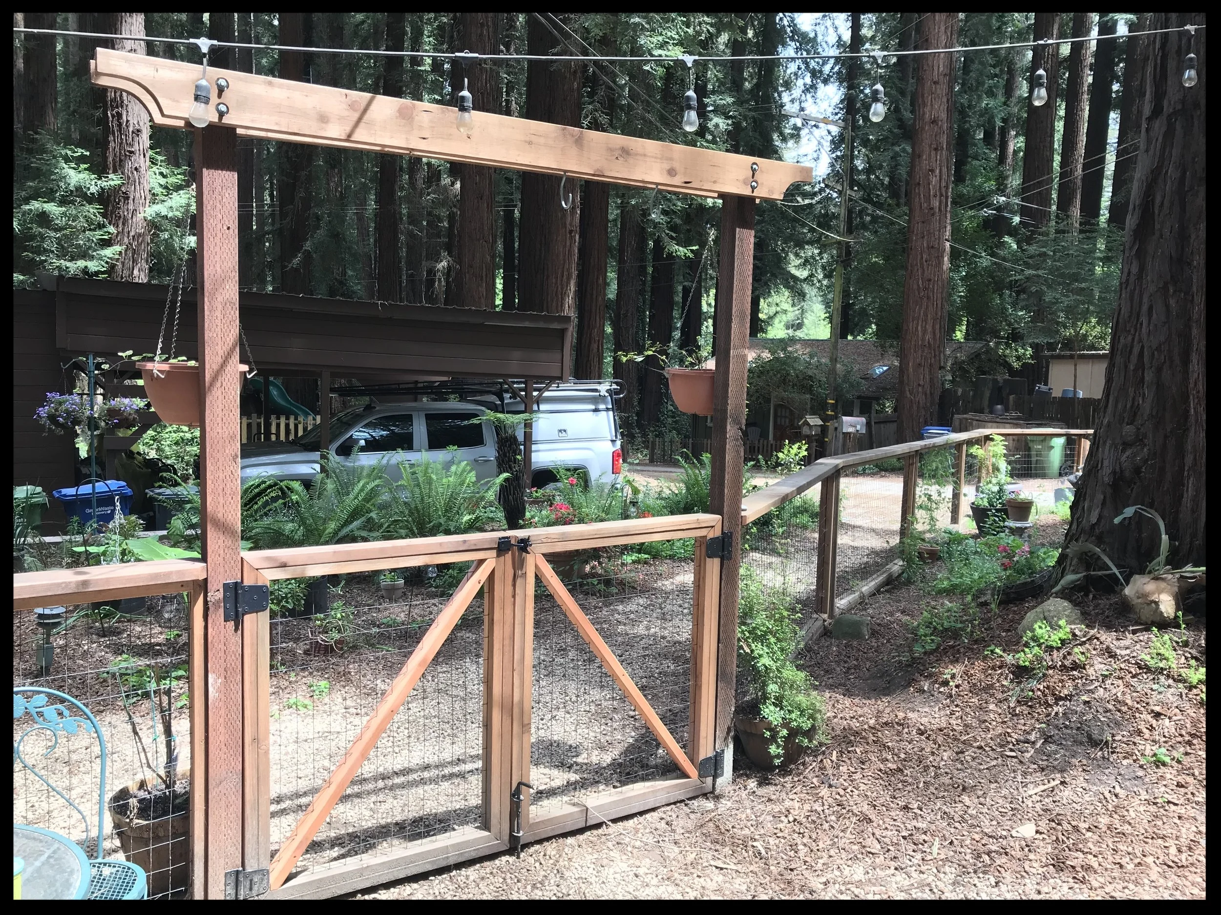 Simple, redwood double-gate with pergola by Tyson Durm, TD Home & Garden Solutions