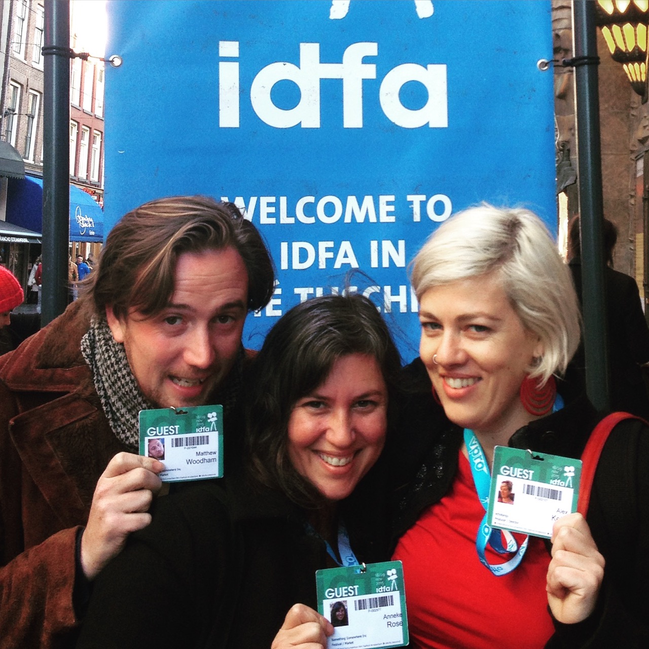 Something Somewhere Film Festival Directors Matthew Woodham, Anneke Rose and Alex Kelly at the International Documentary Film Festival in Amsterdam, 2015.