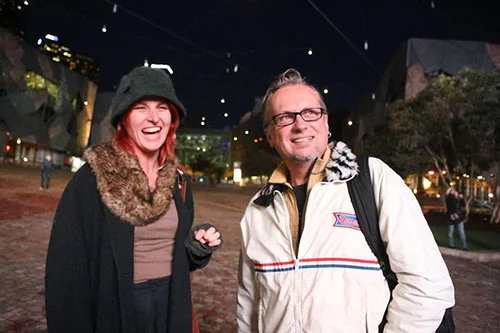 Amanda Gibson and Andrew Garton at the launch of Forged from Fire video installation, Human Rights Arts and Film Festival, Federation Square, 2014 Photo: Kerry Cross