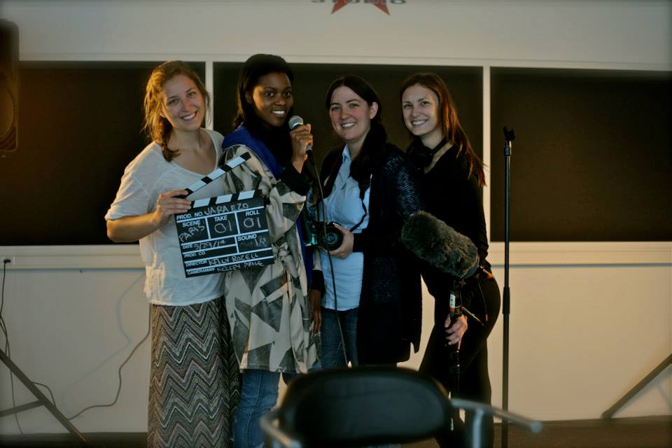 The group photo from L to R: Kelly Rozell (director), Jara Ezo (singer), Kelsey Price (director of photography), Samantha Hearn (producer).