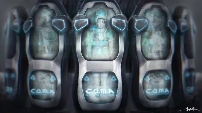 ARA Concept Art by Jason Kong for ARA – C.O.M.A Corporation Cryogenic Pods with Test Subjects
