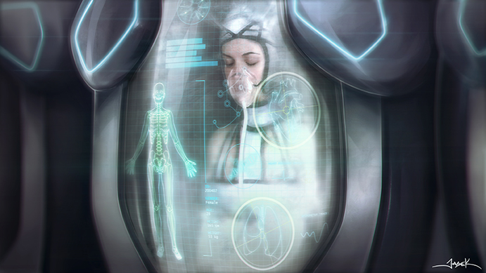 Concept Art by Jason Kong for ARA – C.O.M.A Corporation Cryogenic Pods with Test Subjects