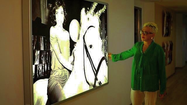 An artist confronted by her work. Rose Hartman became emotional when confronted with her larger than life infamous print of Bianca Jagger. THE PHOTO THAT WENT ROUND THE WORLD. Photo: The Artists Company.