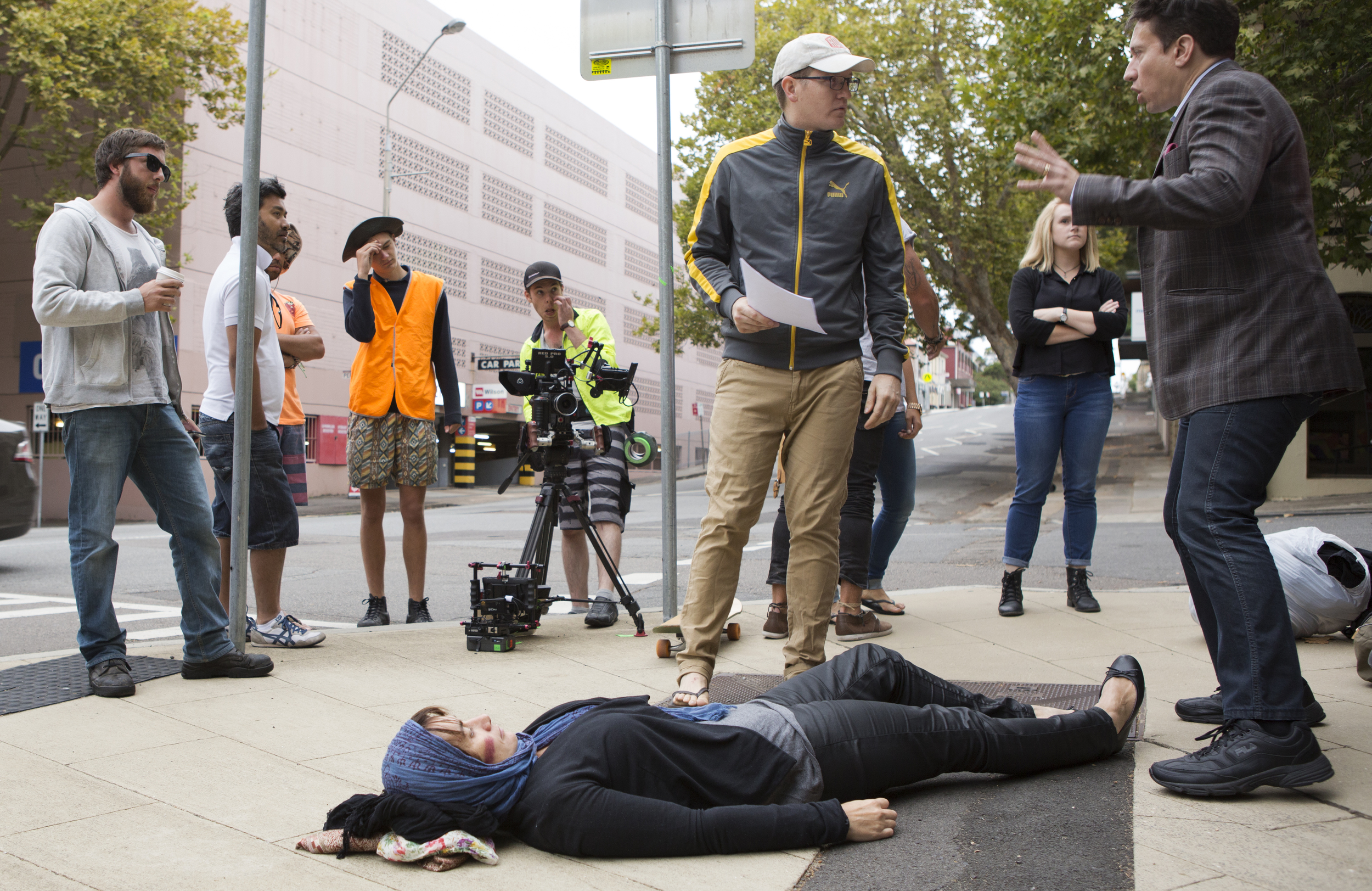 POP-UP 1: Shooting the central moment of the film on location in Newcastle, NSW. This shot was taken moments before we were threatened with a fine for shooting without a permit, forcing us to abandon the scene. Luckily we scraped together enough footage. (Photo by Garrett Eckerson)