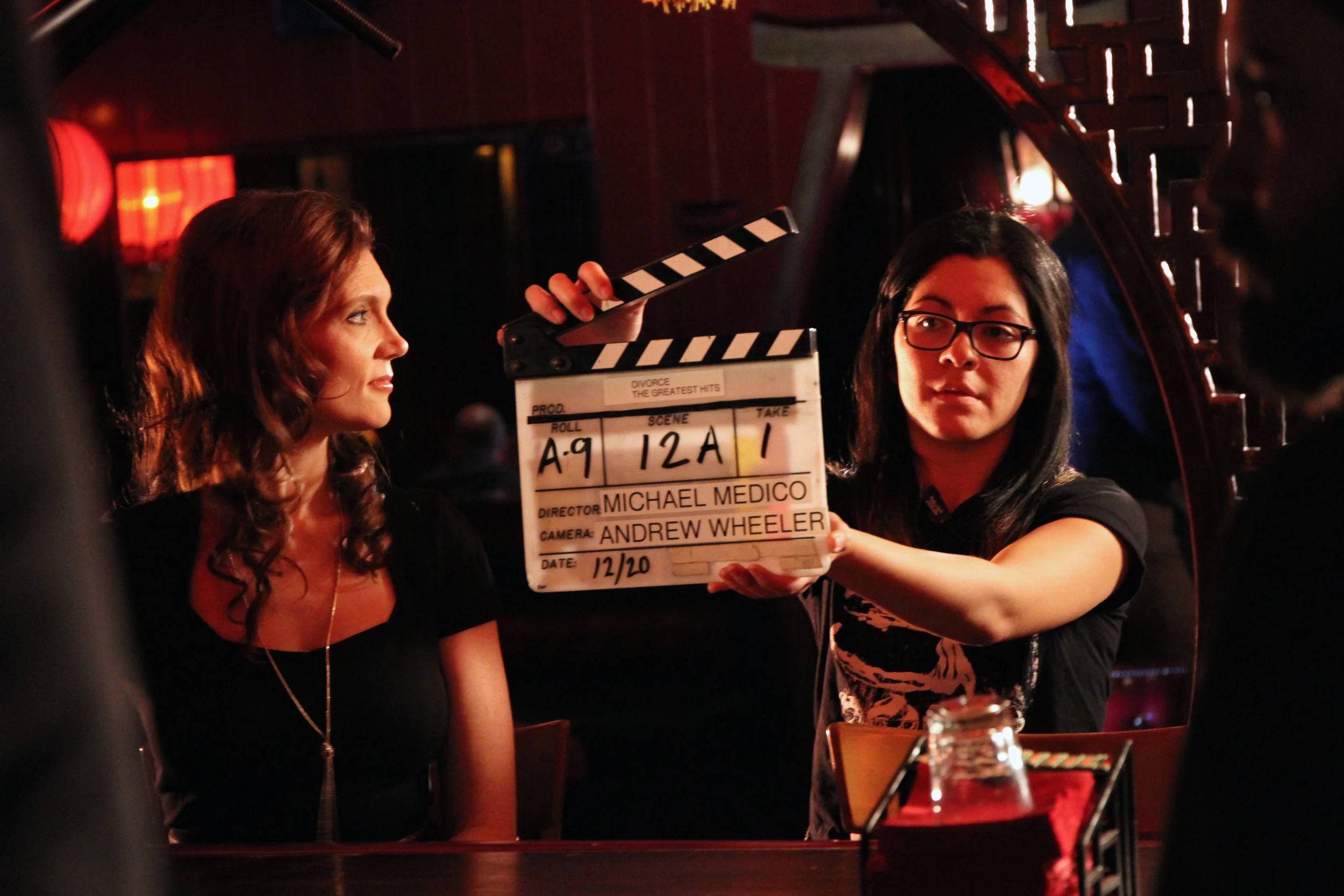Slating the "Bells and Whistles" scene with Kaili Vernoff (shot at Good Luck Bar in Los Feliz in Los Angeles)