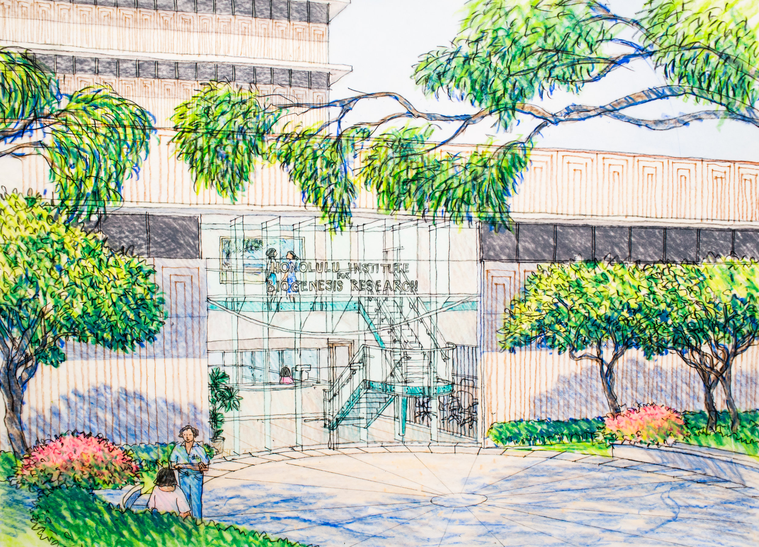  Im/Perfection - Built in 2000, the Institute for Biogenesis Research on the campus of the University of Hawaii was a collaboration between architectural designer Hitoshi Hida and the founding director, Dr. Ryuzo Yanagimachi a leader in the field of cloning. Hida's rendering depicts the continuity of indoor and outdoor space, a defining trait in Hawaii architecture. 