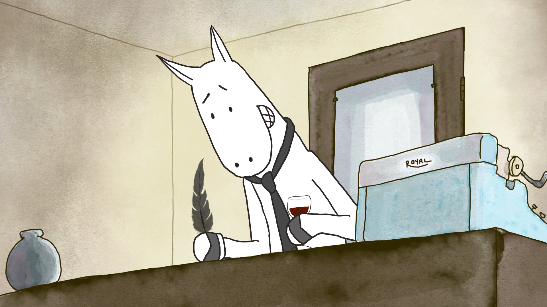Stewball, an angst-ridden bipedal horse, pens a letter to Death in Kate Isenberg's animated short film Dear Death .