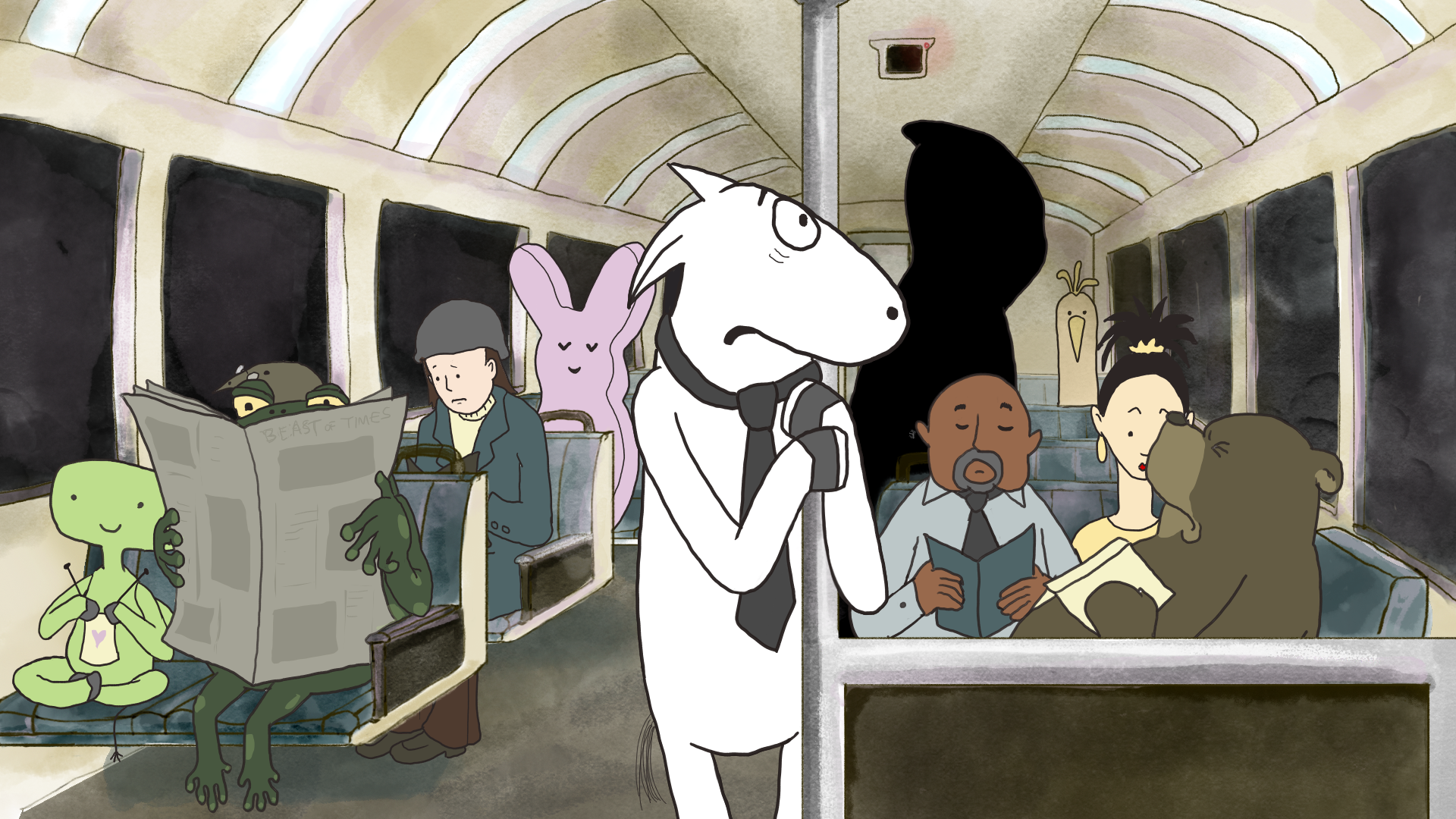 Stewball, the angst-ridden hero of Kate Isenberg's animated short film Dear Death , thinks he sees Death following him everywhere--even on his commute to work.