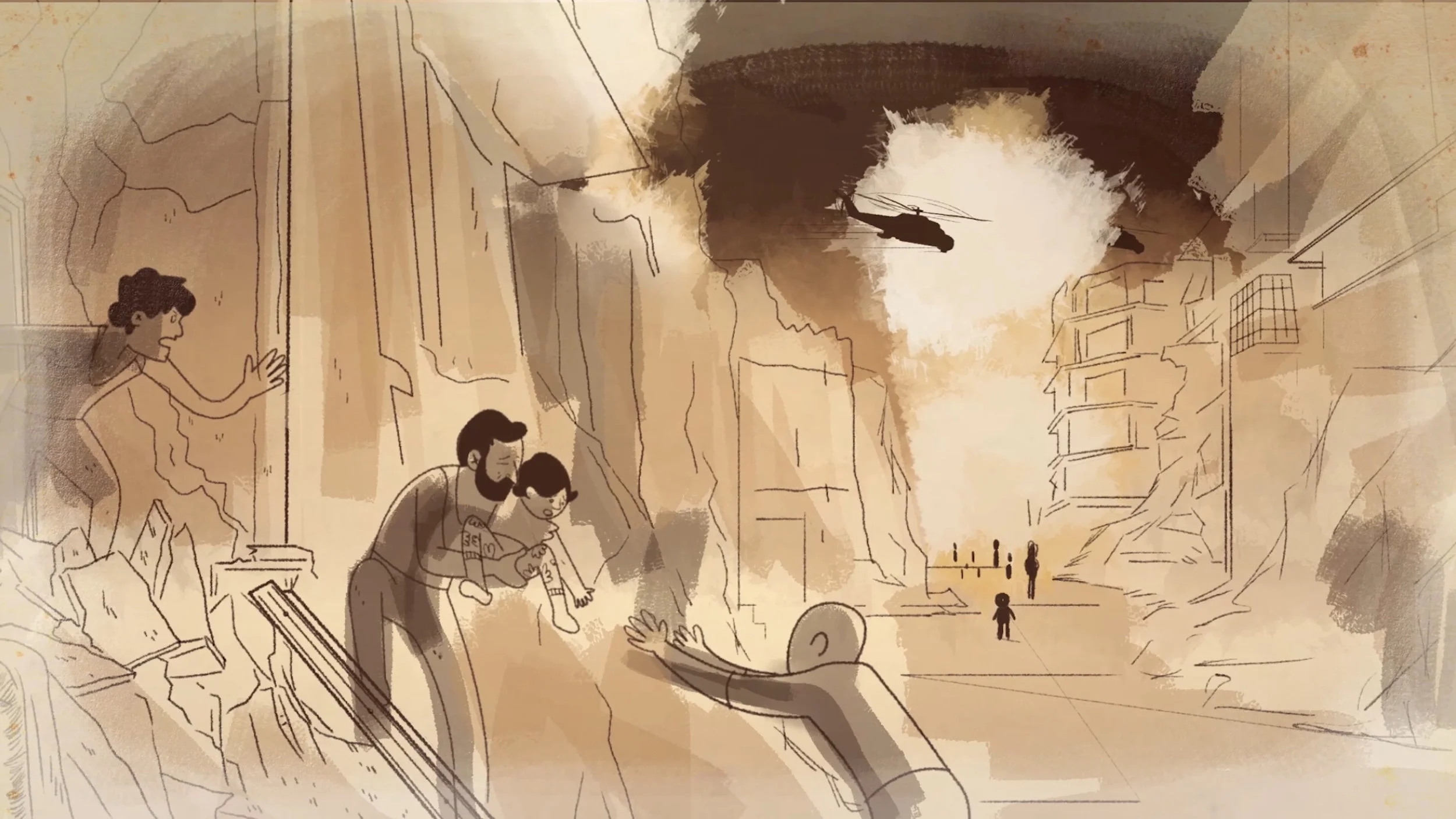 Unbroken Paradise - A clip of the animated portion of the film showing the aftermath of shelling in a neighbourhood in Syria. Illustration and animation by Alcides Urrutia, Pirata y Luna Creative Studio.