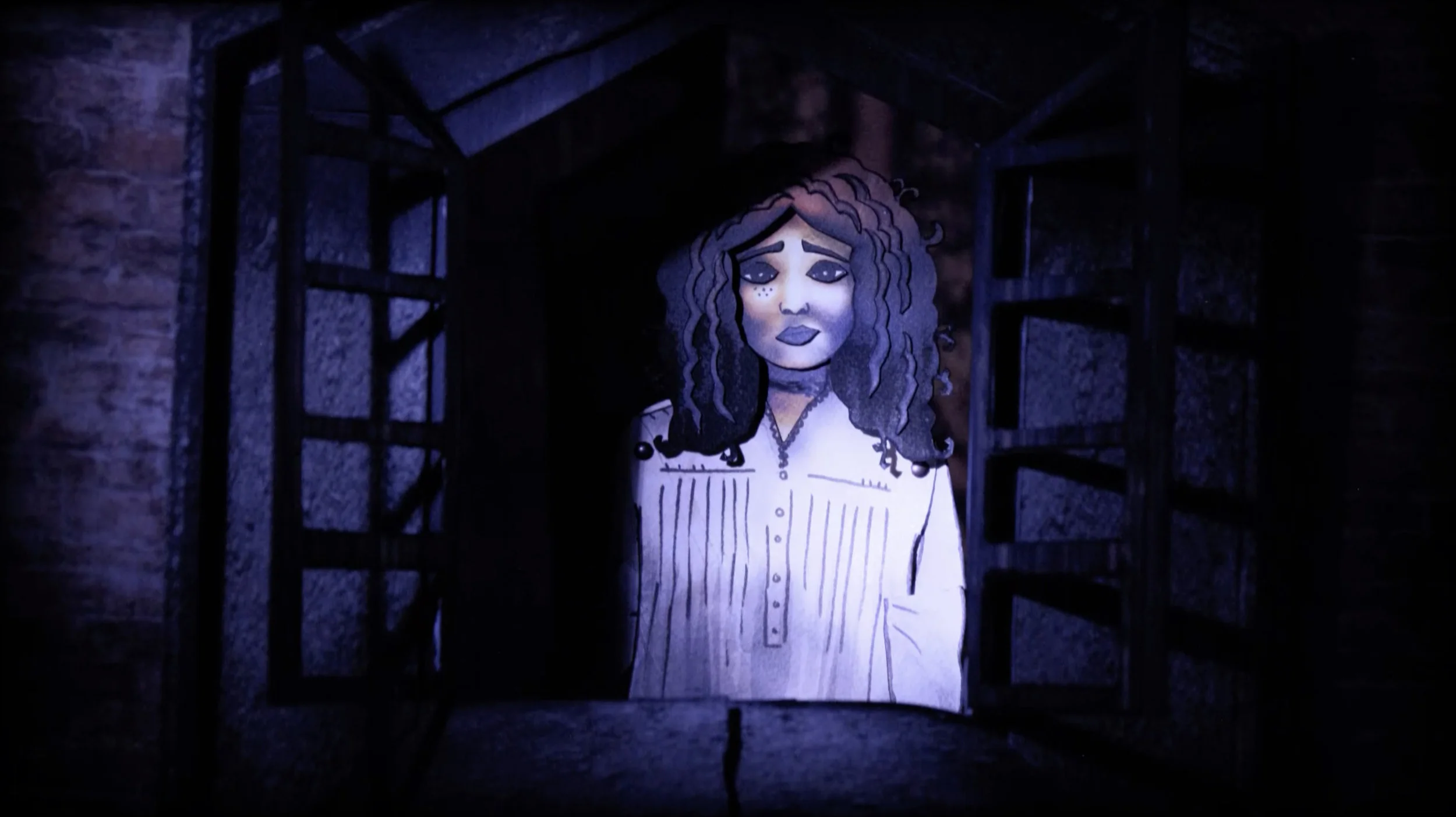 Beatrix Della Morte sees something in the moonlight. The puppets while largely two dimensional, have enough dimension to them to create great shadows and texture.