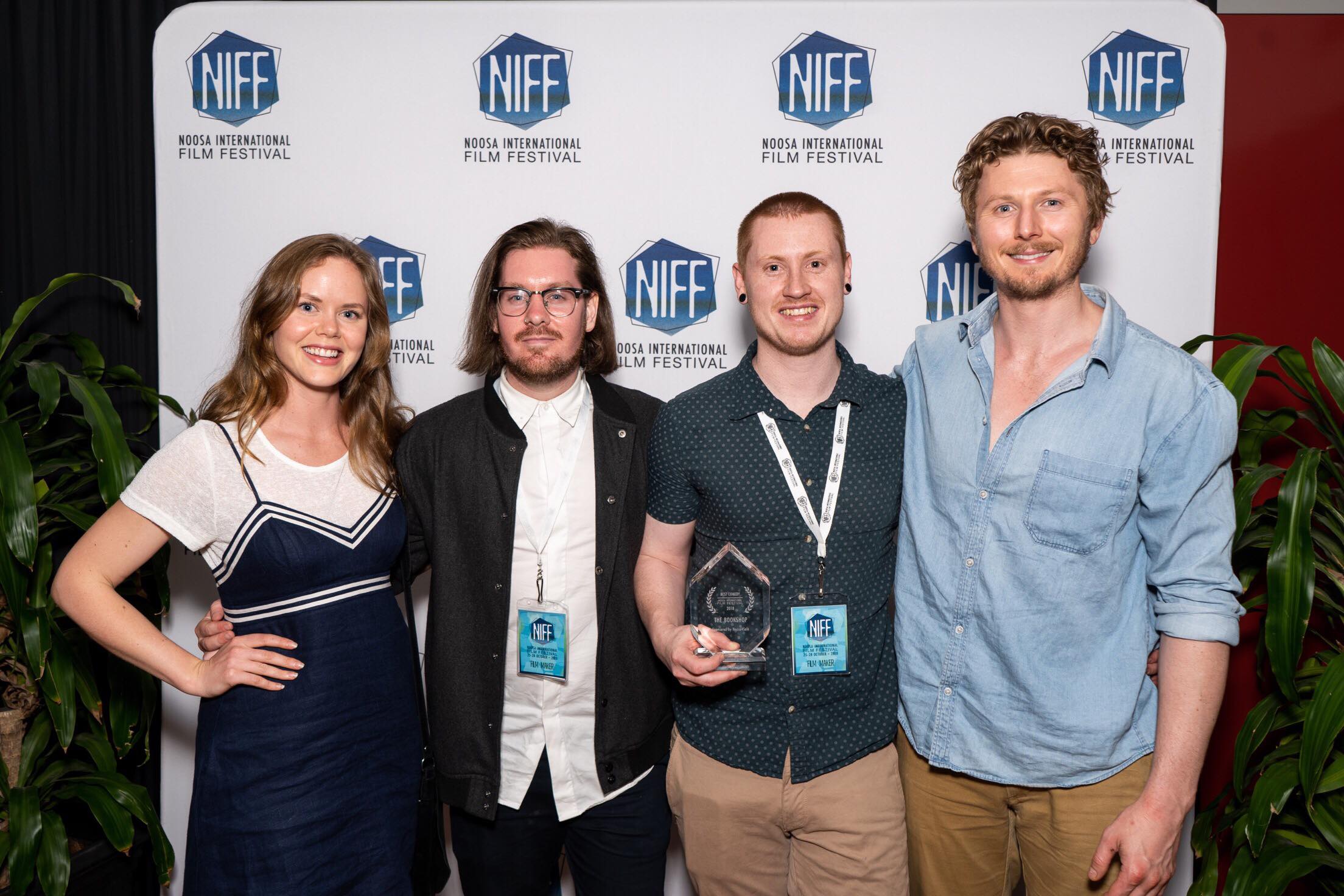 Emily Gruhl (Actress), Benjamin Powell (Cinematographer), Ashley Pollard (Writer/Director, Alastair Osment (Actor) at the Noosa International Film Festival after receiving the award for Best Comedy for the The Bookshop.