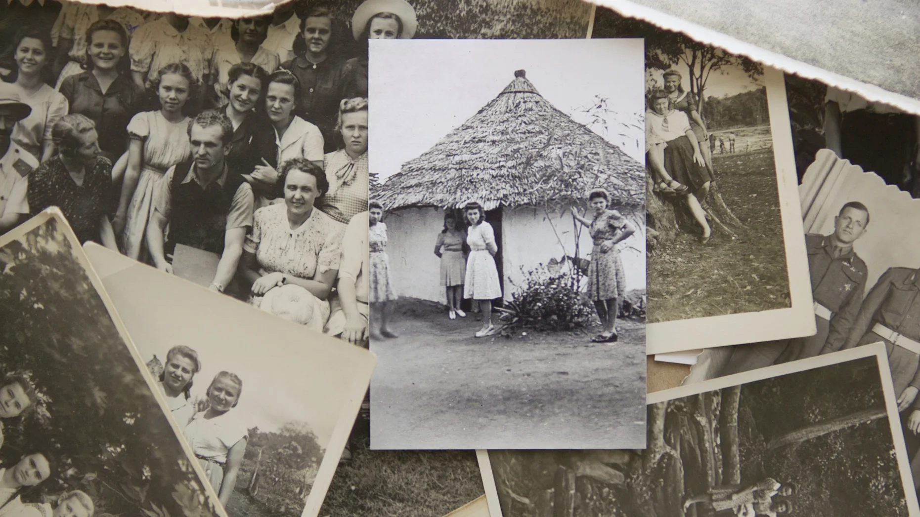 Filmmaker's grandmother and her friends standing in front of Polish refugee hut, 1947