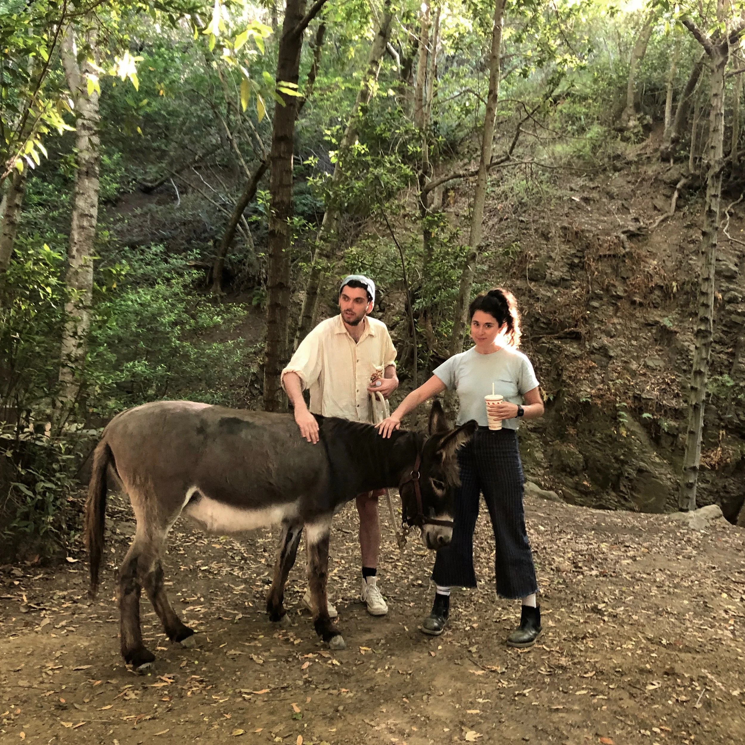Writers & Directors Raphael Linden and Susannah Greenblatt appreciating Juanita the Donkey