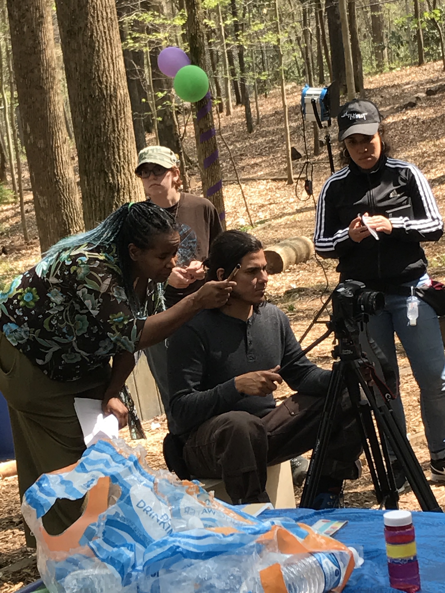 Behind the scenes of A Swing And A Switch - Director Shanalyna Cp, DP Roberto Hernandez, Grip Anna R Brown and AC Priscilia Torres - Setting the shot