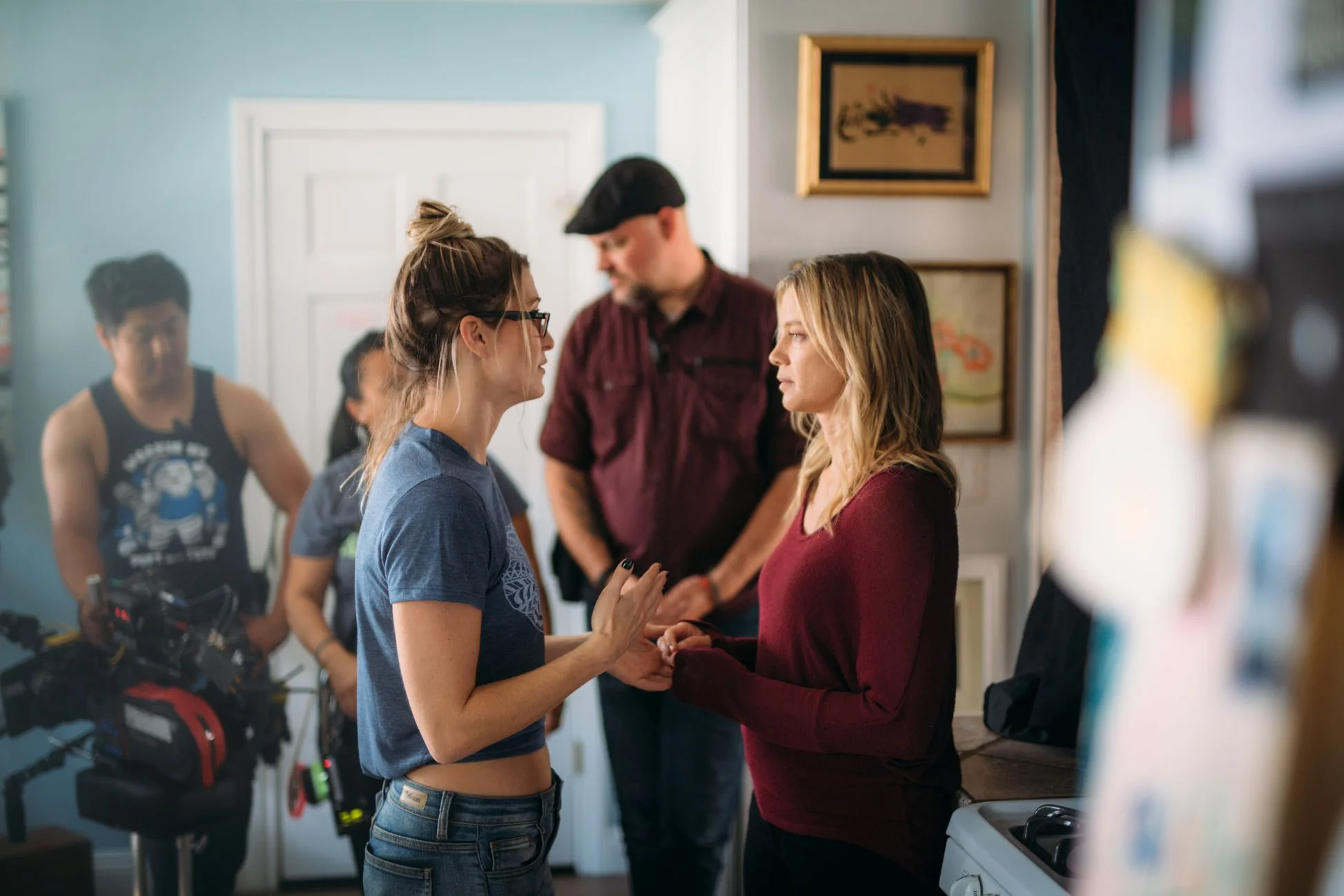 Director Gabrielle Stone and Amy Smart prep for an emotional scene