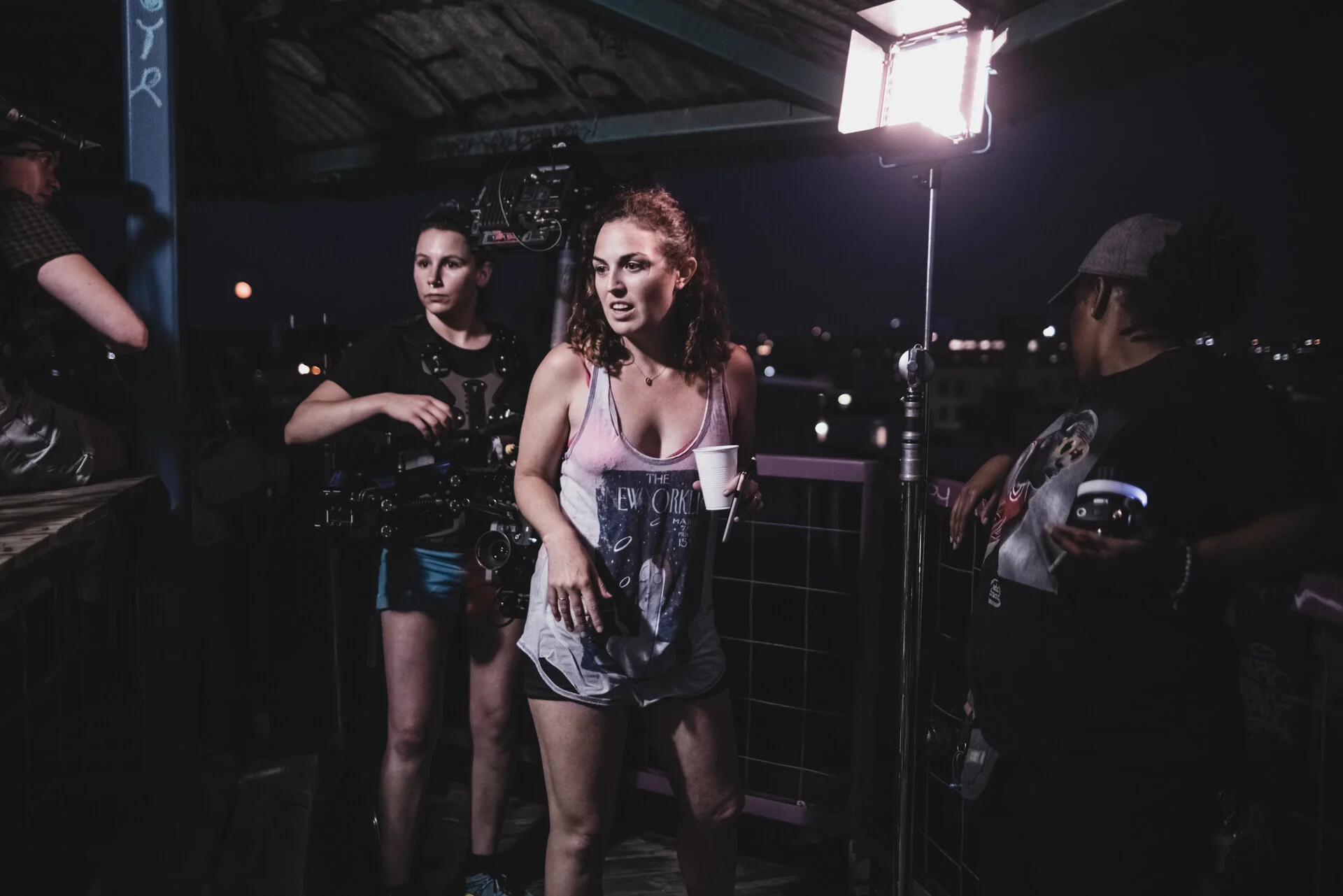 Behind the scenes of Jones - Director Stacey Maltin checks out the shot while Steadicam Op Jesse Sanchez-Strauss looks on.