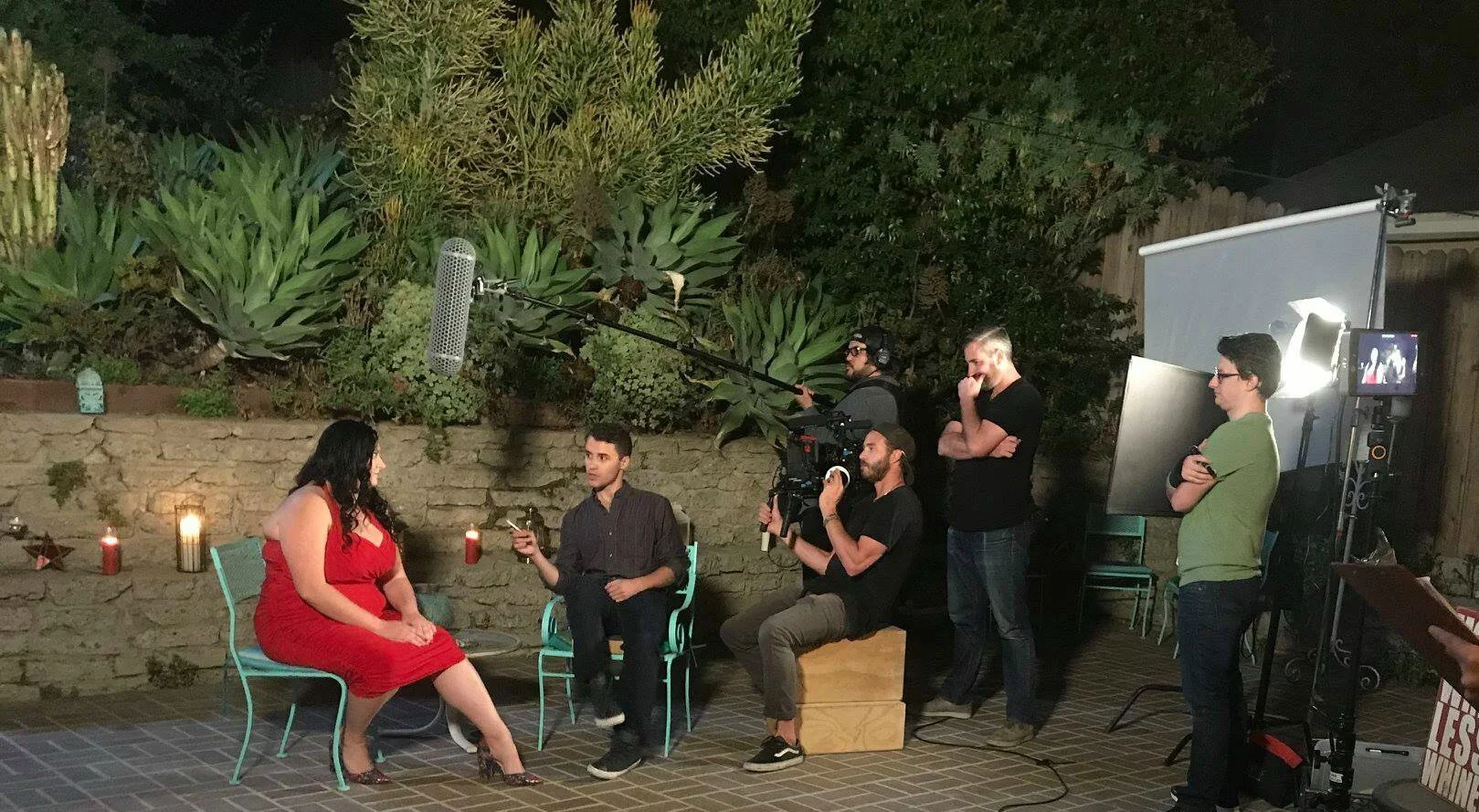 Behind the scenes of Happenstance - Director of Photography, Chris Van Valey captures an intimate moment with actors Christian Sullivan and (Director, Writer,  Producer) Emily Kirk while Richard Trejo records all the dialogue and atmospheric sound. Also pictured: Ryan Dismukes (Gaffer) and Brett  Emanuel (Assistant Director)