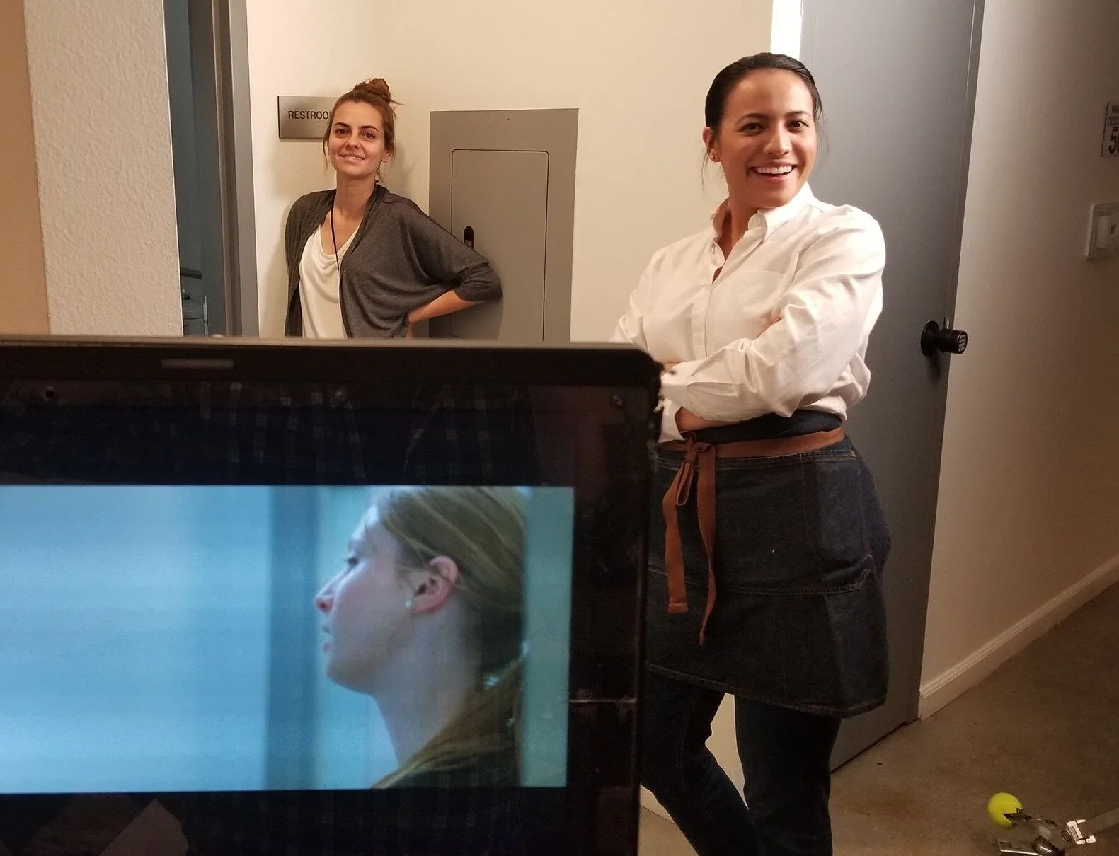 Behind the scenes of The Hostess - Patiently waiting... (Tristyn Lau as The Server, and Cinematographer Andressa Cor)