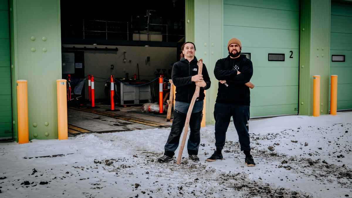 Te Whakairo - James and Poutama outside the dock at Scott Base