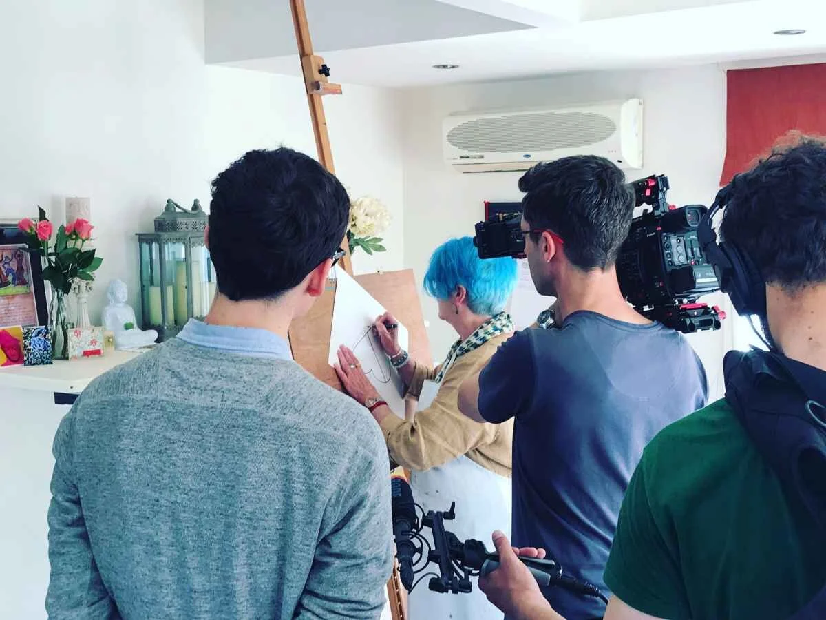 Behind the scenes of Death Cafe - Austin (Director), Hans (Camera) and Aaron (Sound) shooting a scene with Rosie.