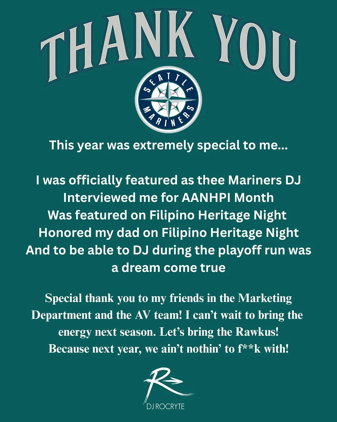 Thank you @mariners for an amazing season and an unforgettable playoff run! 

This year shows us fans that it is possible that we can go all the way and we can&rsquo;t wait until next year!! 

Thank you for another year to be apart of a great organiz