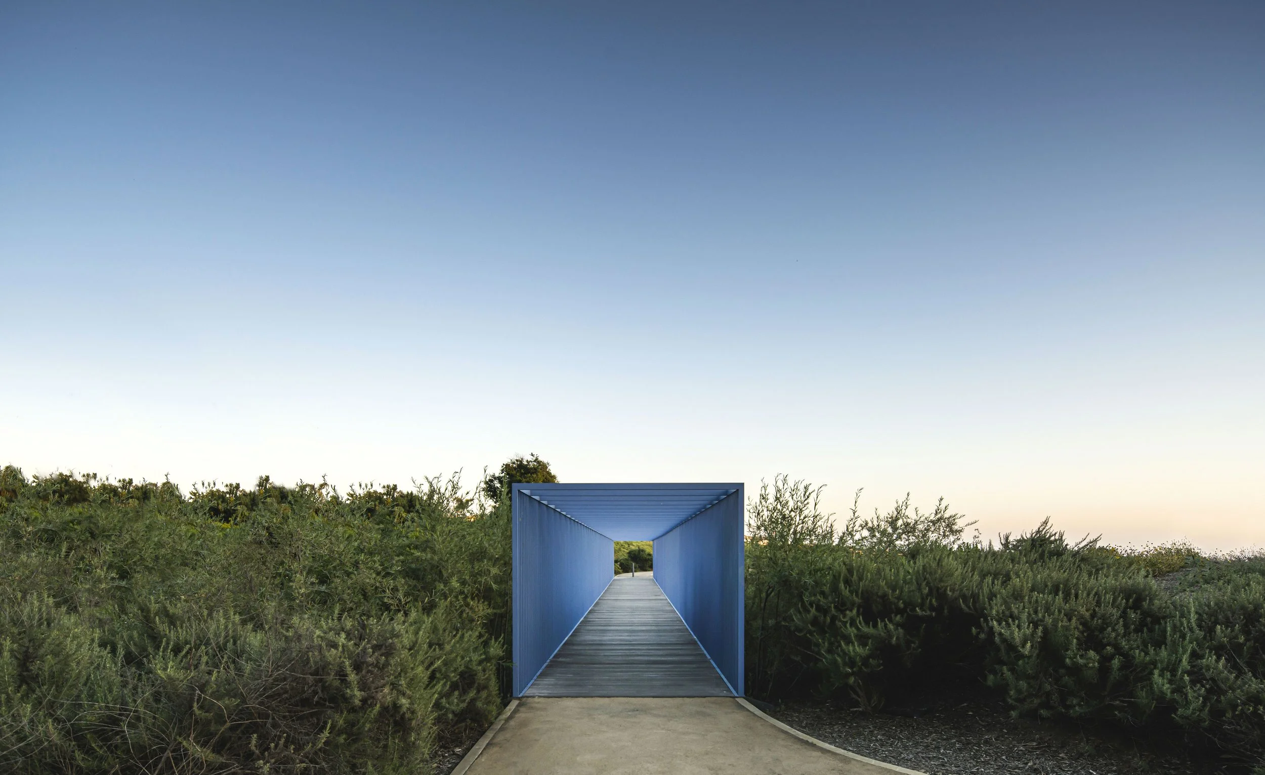 A blue rectangular tunnel with an open end, built over a wooden bridge, set against a clear blue sky and surrounded by green bushes.