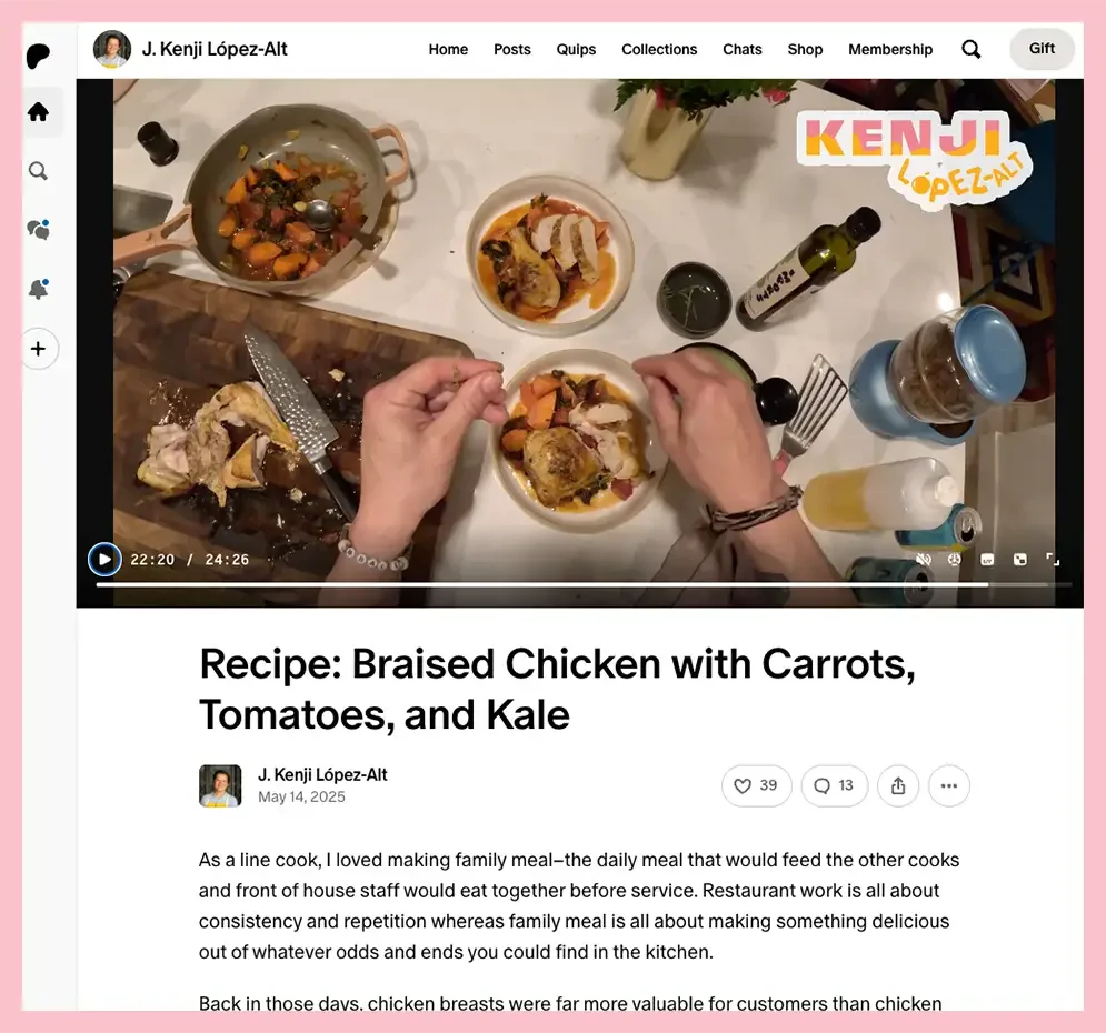 Kenji López-Alt's recipe for Crispy Braised Chicken with Carrots, Tomatoes, and Kale is available on Patreon