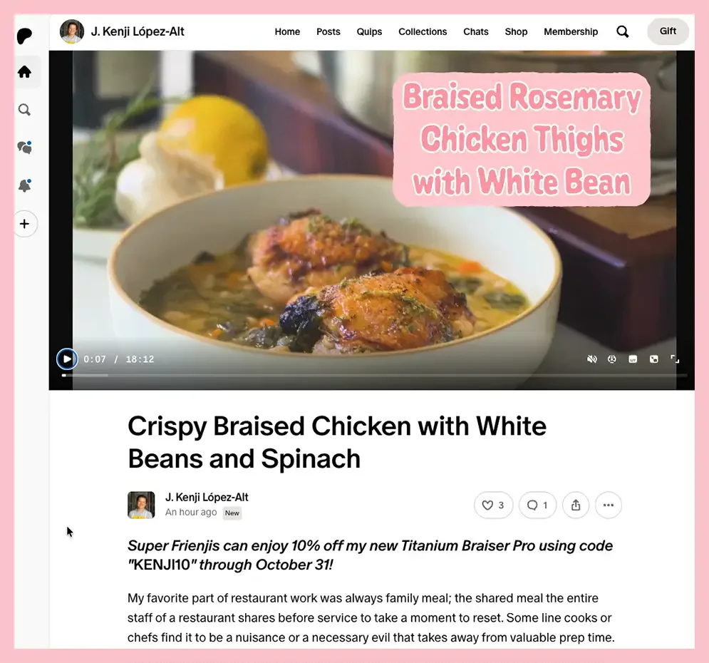 Kenji López-Alt's recipe for Crispy Braised Chicken with White Beans and Spinach is available on Patreon