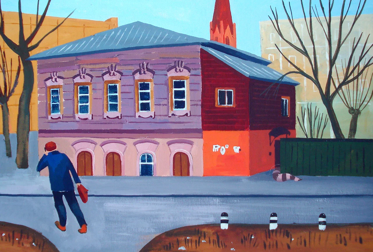 "Розовый дом. Иркутск", картон, акрил, 40х50 см, 2015