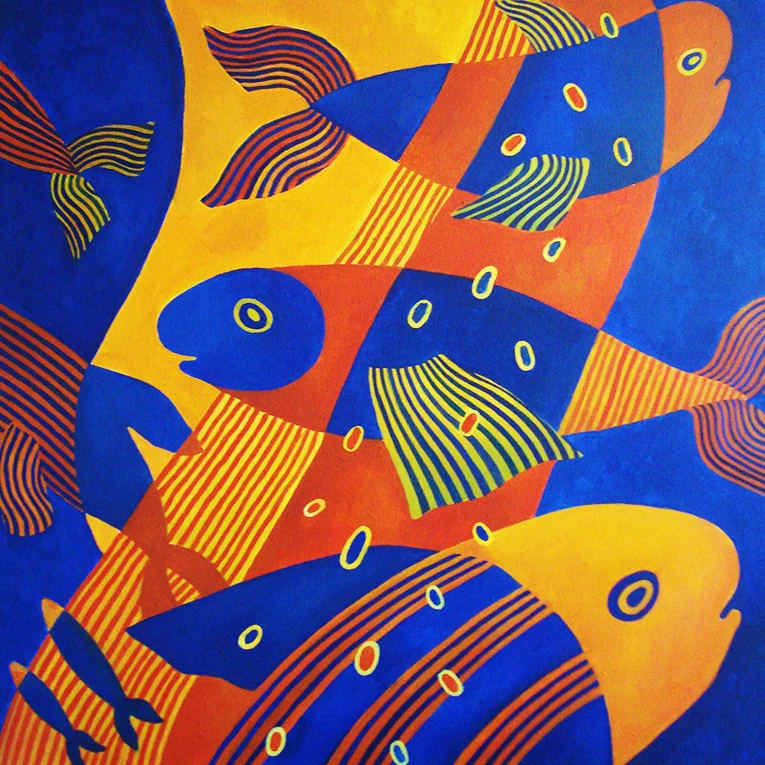 "Полосатые рыбы", х, акрил, 100х100 см, 2014