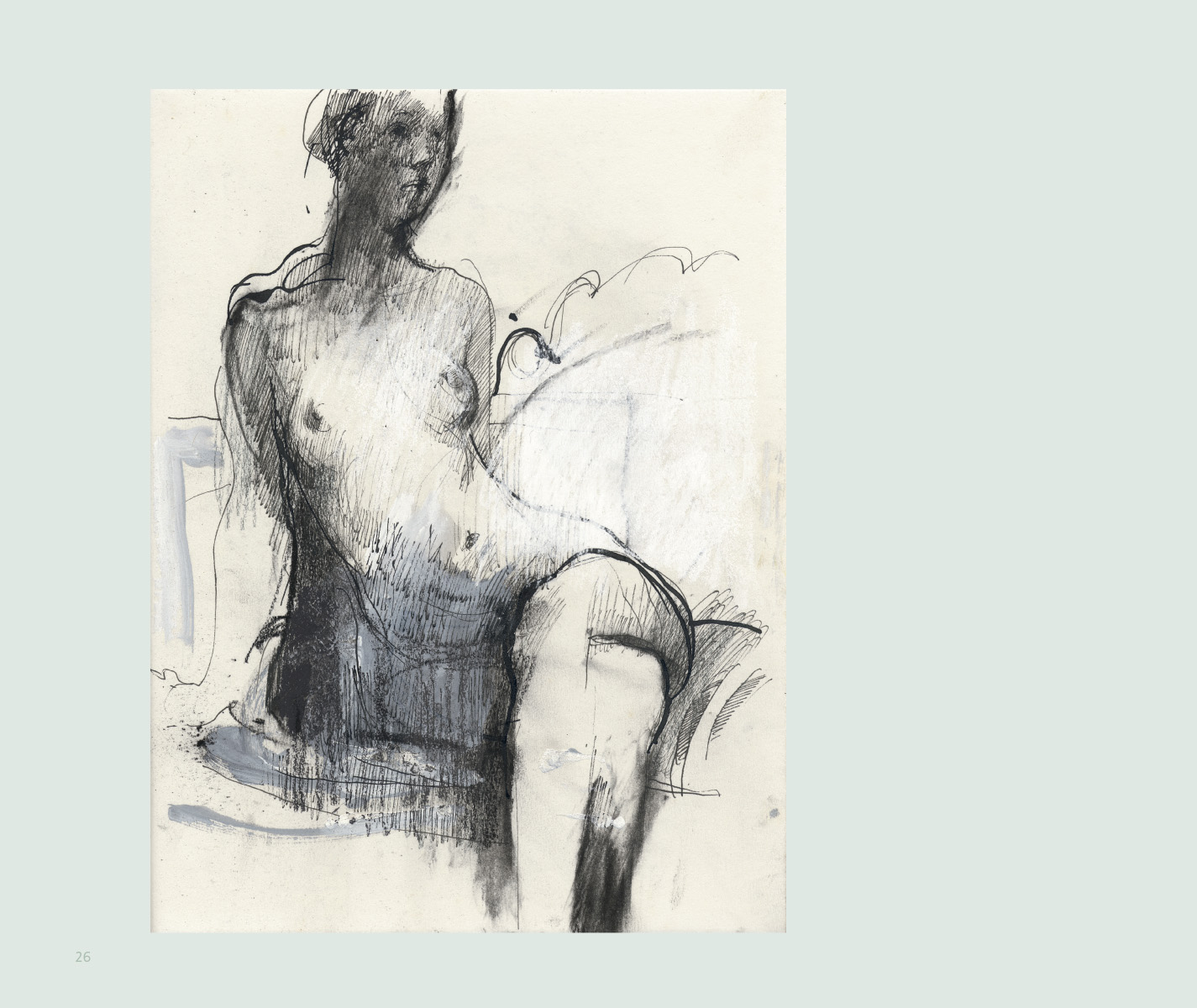A black and white sketch of a seated nude woman with short hair, sitting on a surface with her left leg crossed over her right, in a relaxed pose. The background is minimal with loose lines.