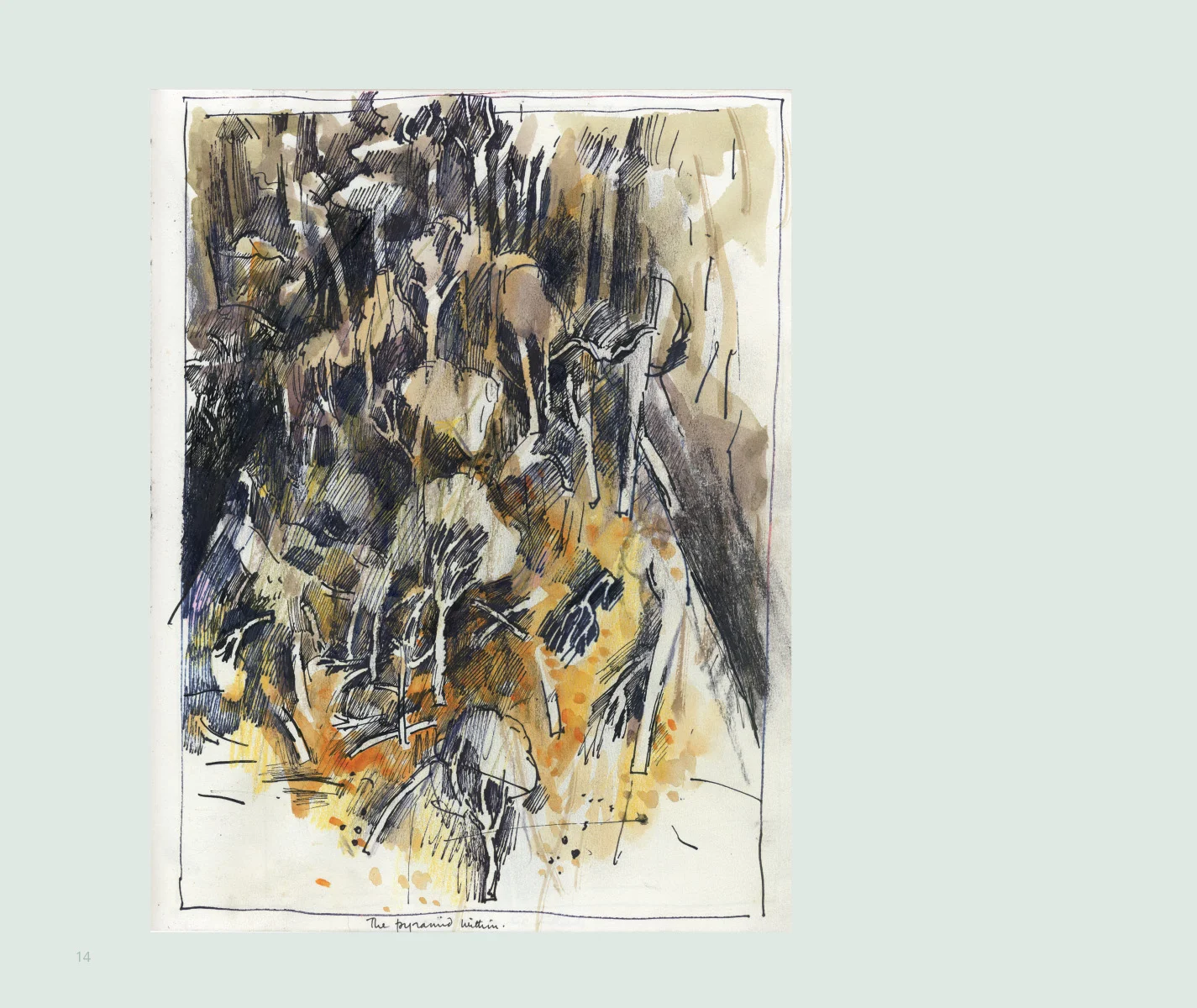 Sketch of a pyramid-like formation of animals, possibly cows, in earthy tones with black ink outlines, labeled 'The pyramids within' at the bottom.