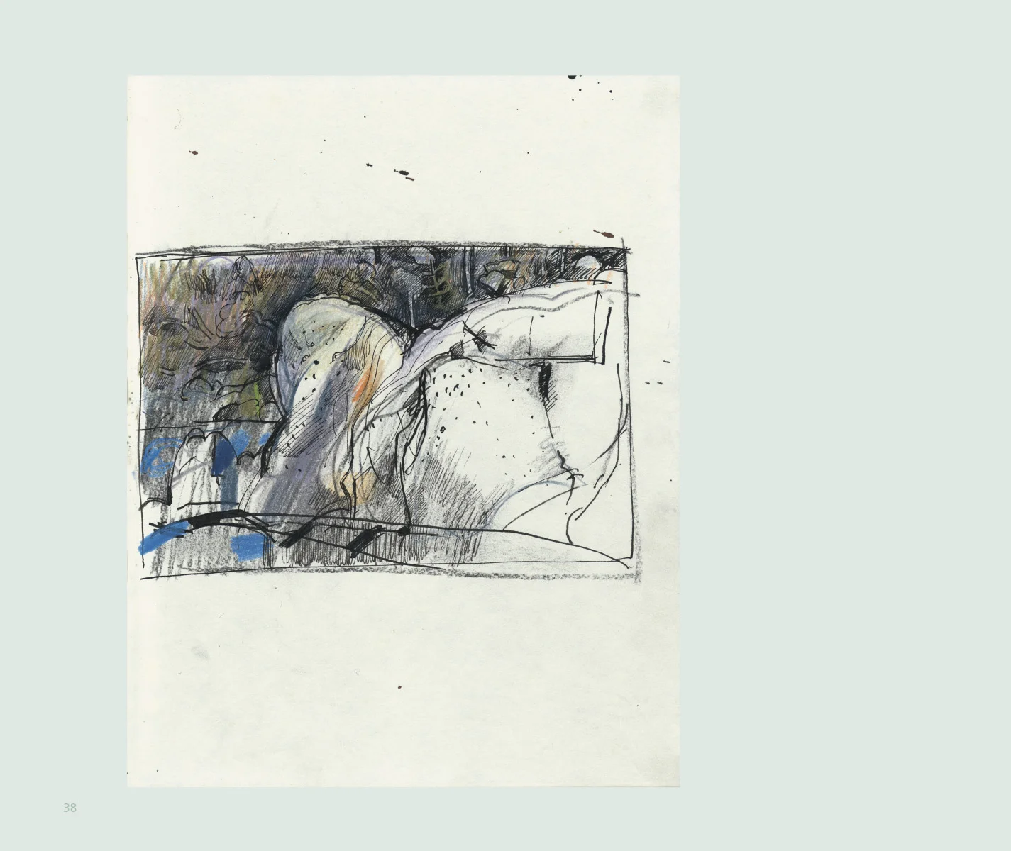 A sketch of two figures lying down, one with their head turned away, rendered in black ink with some color accents, on a light background.