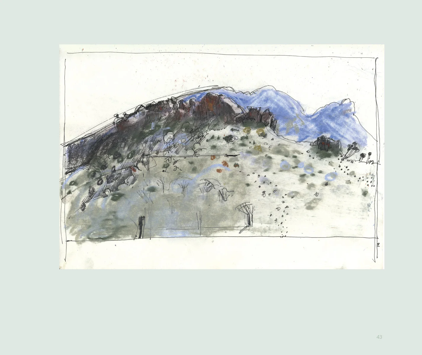 A sketch of a mountain landscape with a hill and trees, shaded in gray, black, and light blue.