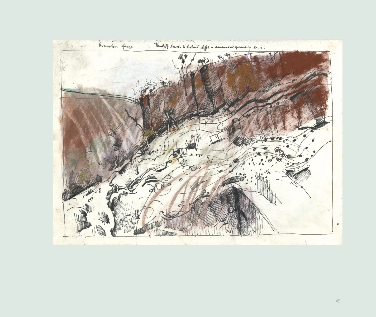 A hand-drawn sketch of a mountainous landscape with brown, gray, and beige colors, featuring rugged cliffs, trees, and winding paths.