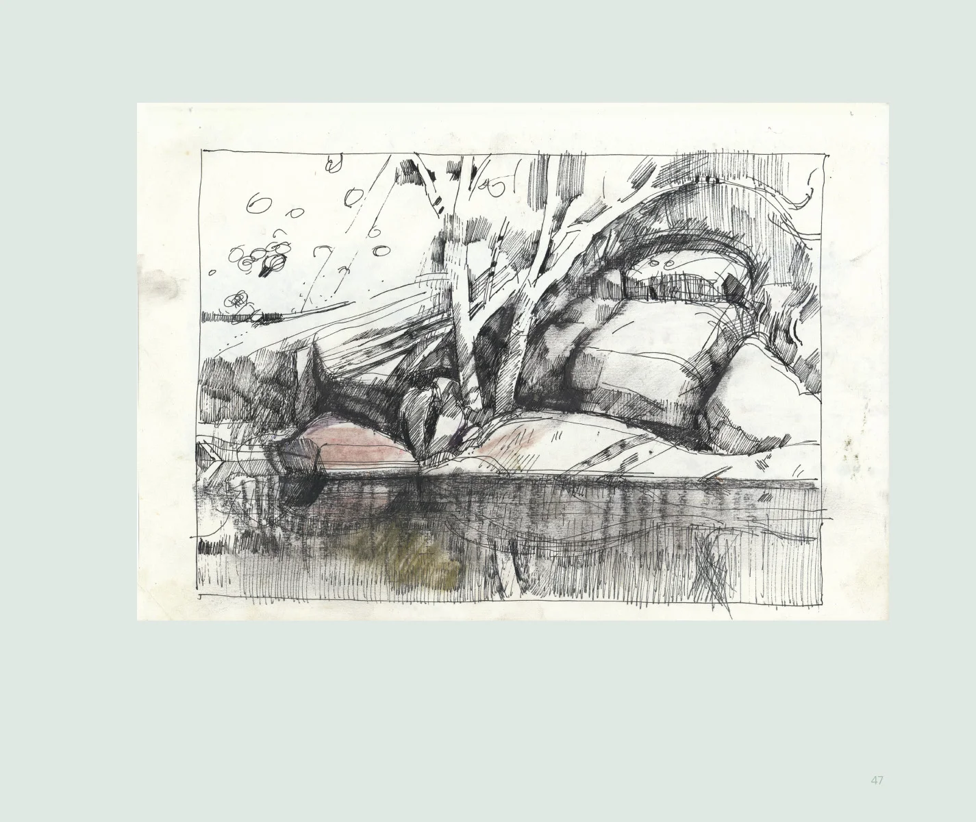 A sketch of a landscape with trees, rocks, and a body of water, rendered in black ink with some light color shading.