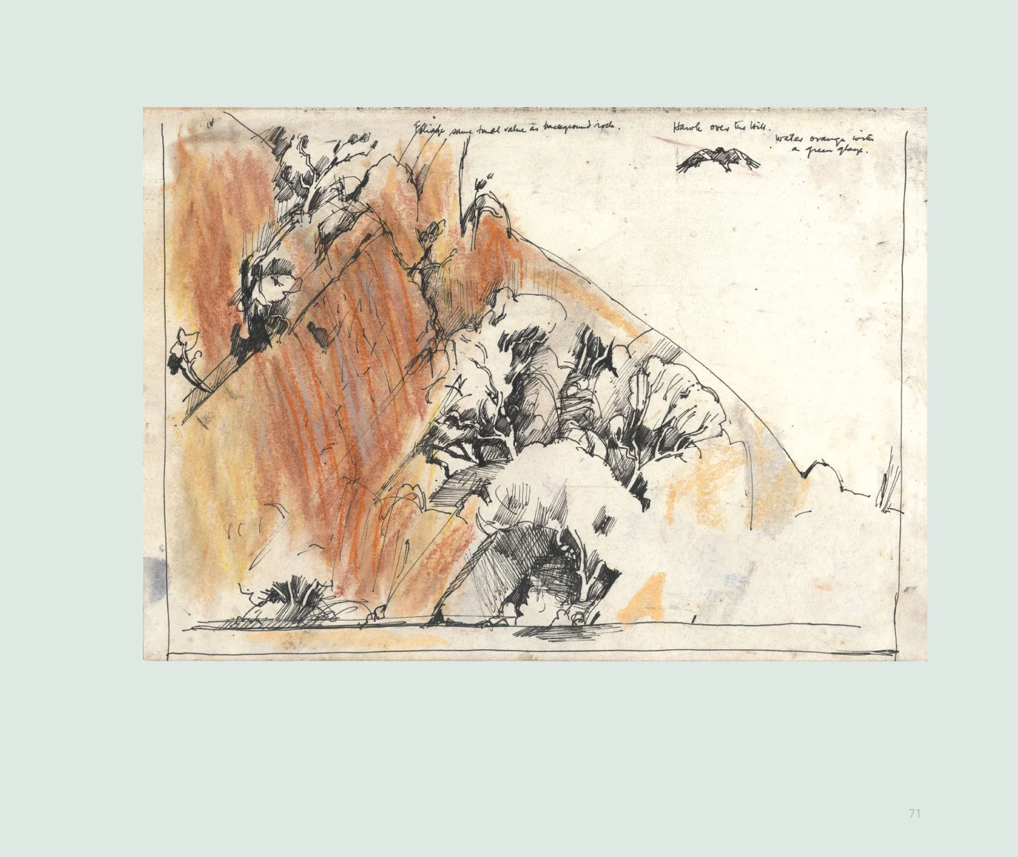 Sketch and watercolor painting of a mountain landscape with notes and annotations.