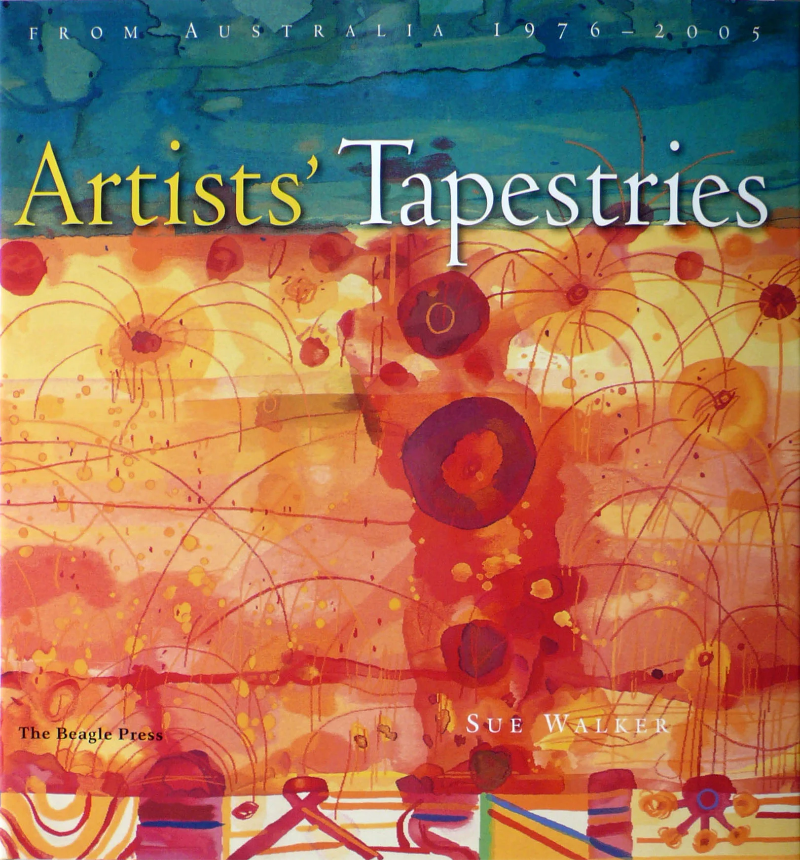 Cover of a book titled 'Artists' Tapestries' featuring abstract watercolor art with vibrant orange, yellow, red, and blue colors and circular patterns.