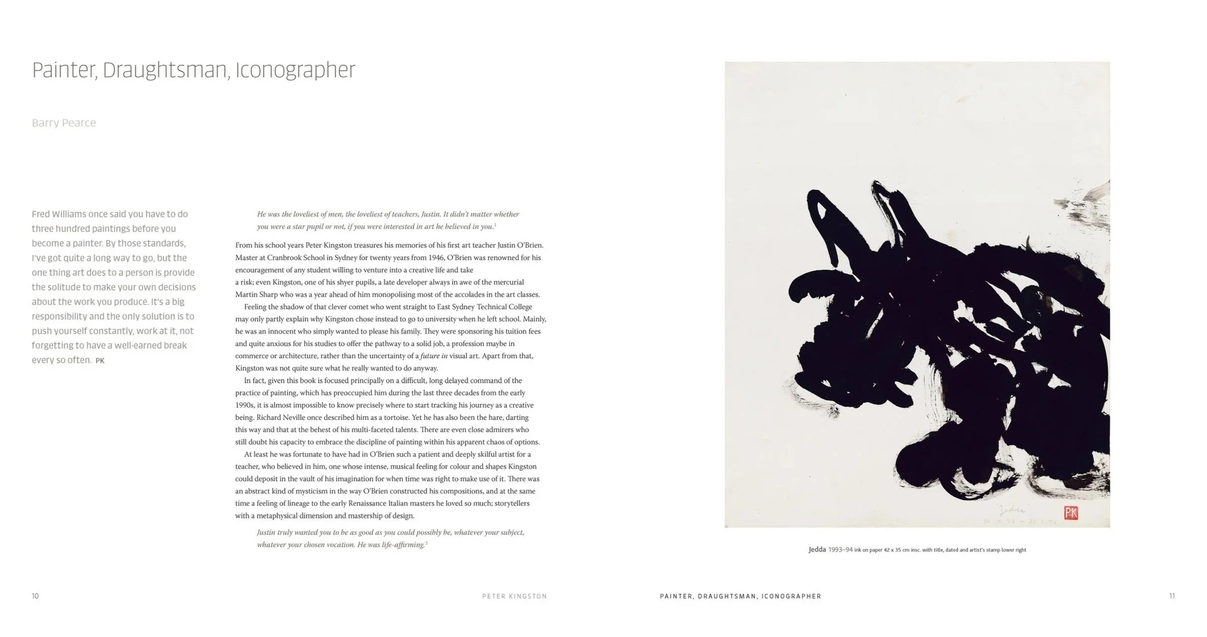 Book spread about artist Peter Kingston, with text on the left page discussing his career and achievements, and a black ink brushstroke artwork on the right page.