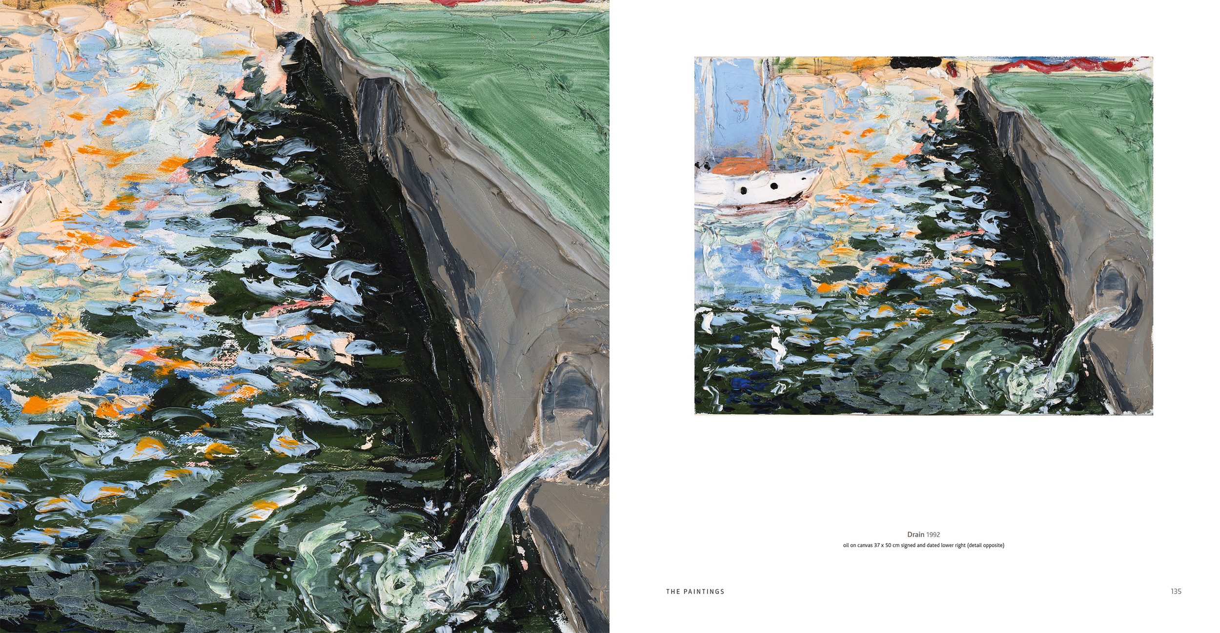 An oil painting depicting a water drain system with water flowing through a metal grate into a canal or river, with a boat in the background, created with thick, expressive brushstrokes.