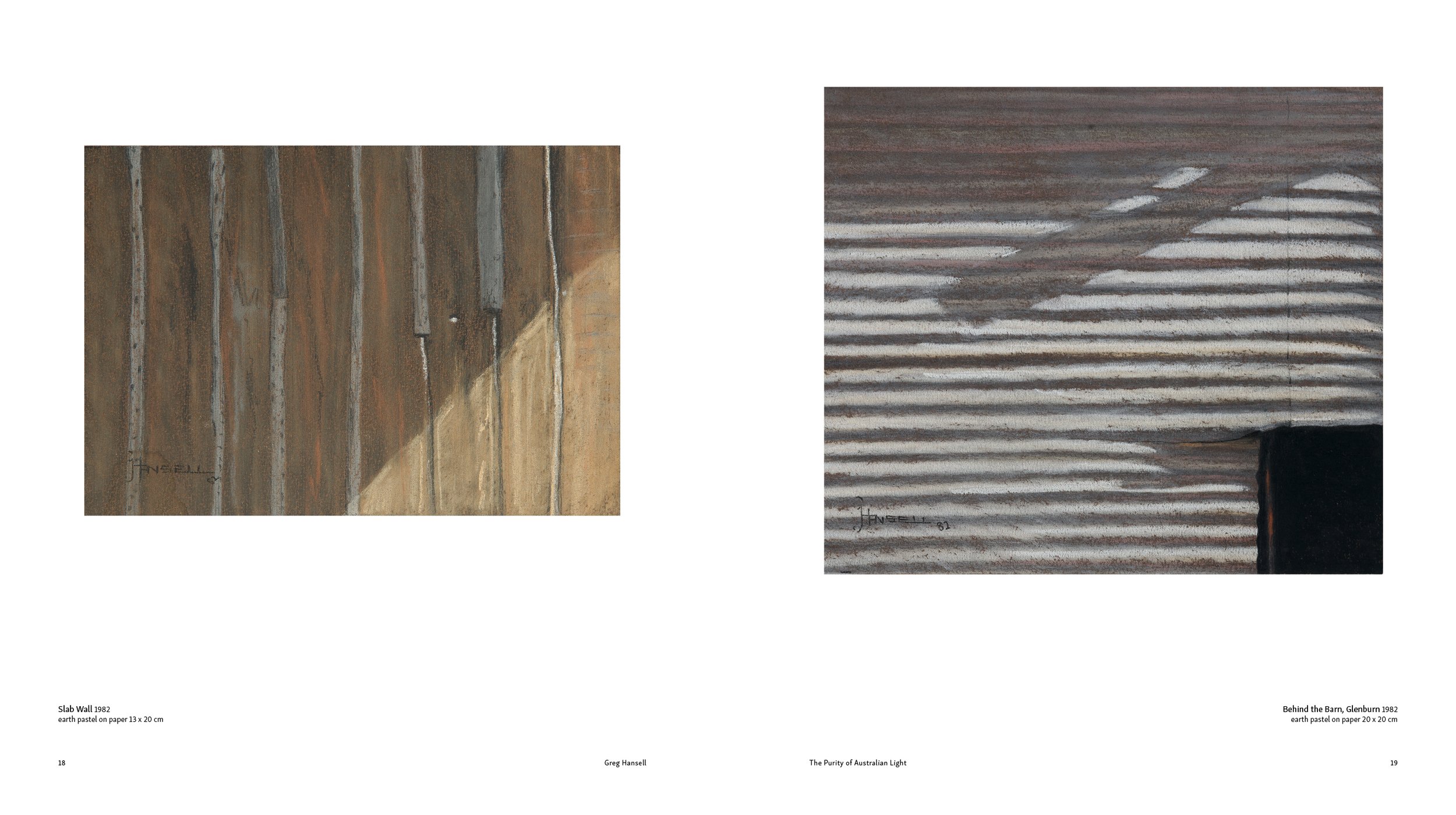 Two abstract paintings of textured walls, one labeled 'Slab Wall 1982' and the other 'Behind the Barn, Glenburn 1982' by Greg Hansell, depicting earthy tones and weathered surface patterns.