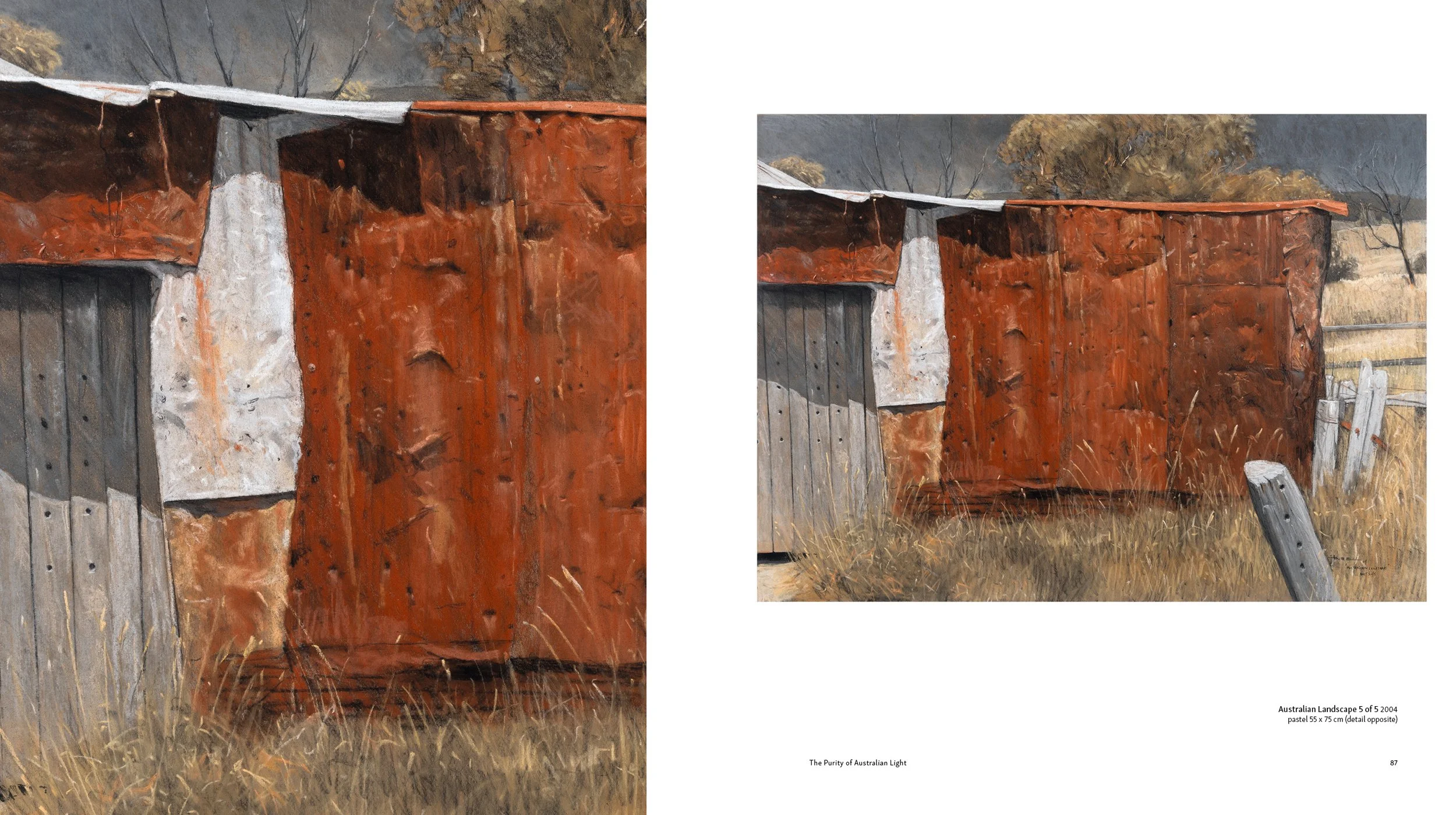 A painting of an old, weathered building made of corrugated metal and wood, with a rusty, reddish exterior, set in a rural landscape with dry grass and leafless trees in the background.