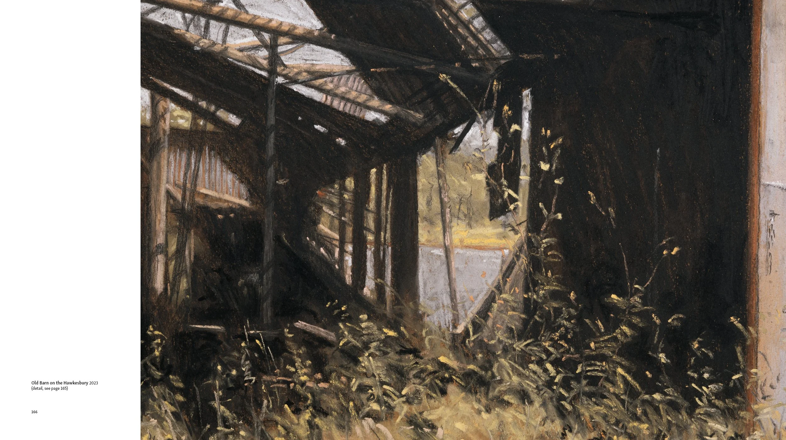 Painting of an old barn with a dark interior and an open side showing daylight outside, surrounded by overgrown plants and foliage.