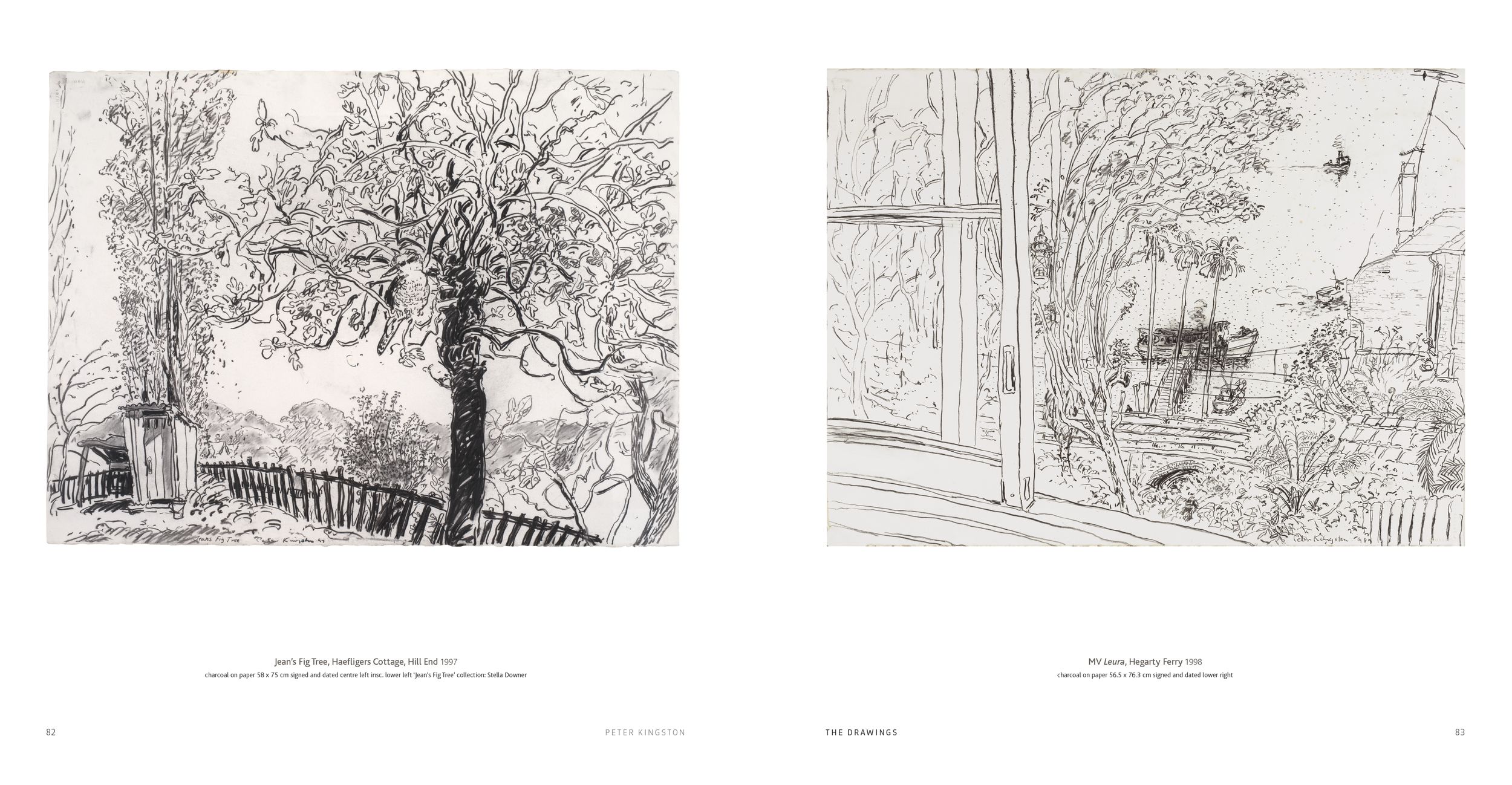 Two black and white sketches of nature scenes. The left sketch depicts a large tree with sprawling branches in a fenced yard, with a small shed nearby. The right sketch shows a view from a window with trees and houses visible outside, including power