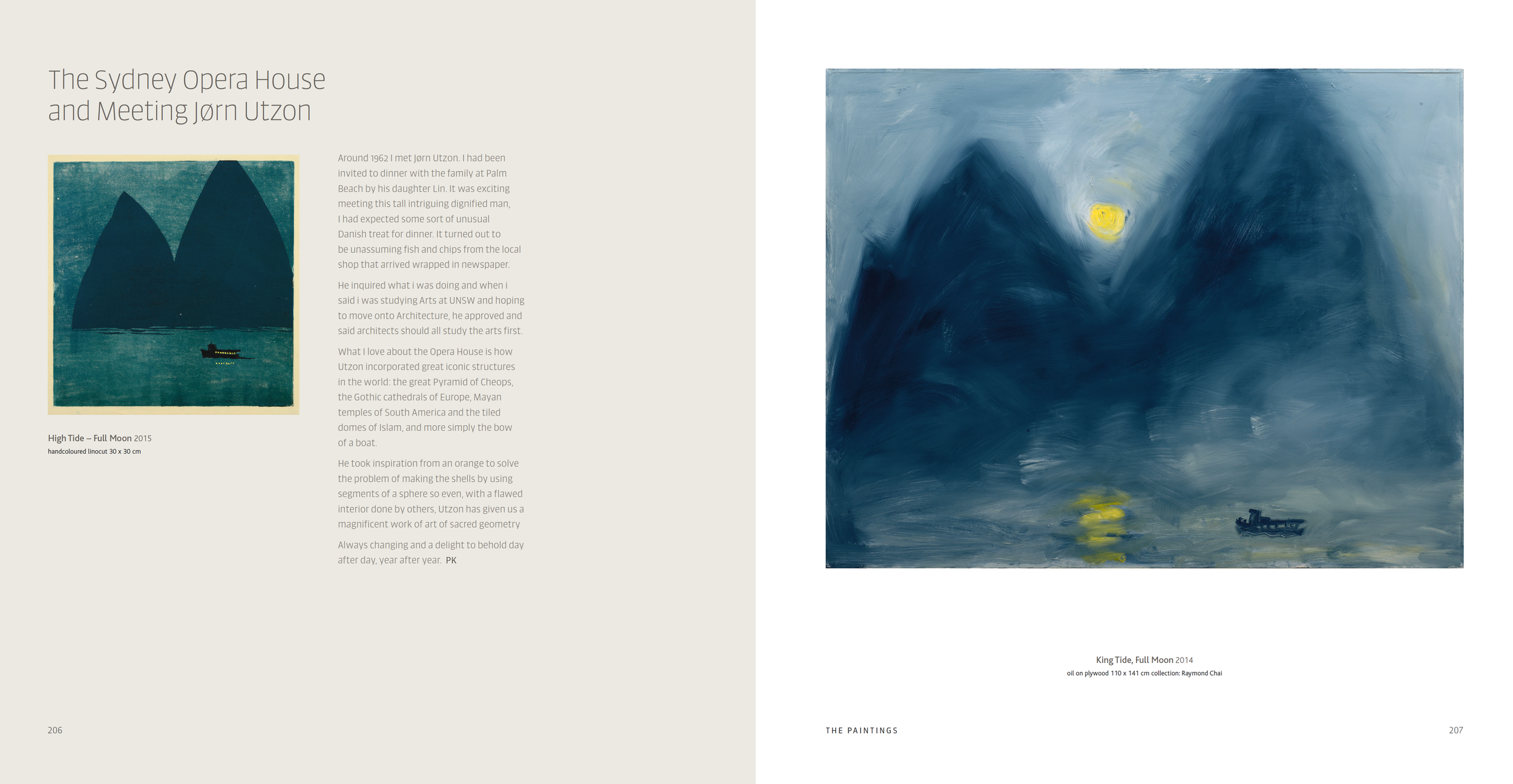 Two pages from an art book. Left page features a painting titled "High Tide - Full Moon 2015" of a boat on water with three dark mountain-like shapes and a small boat with a person on the water against a textured blue-green background. A paragraph of