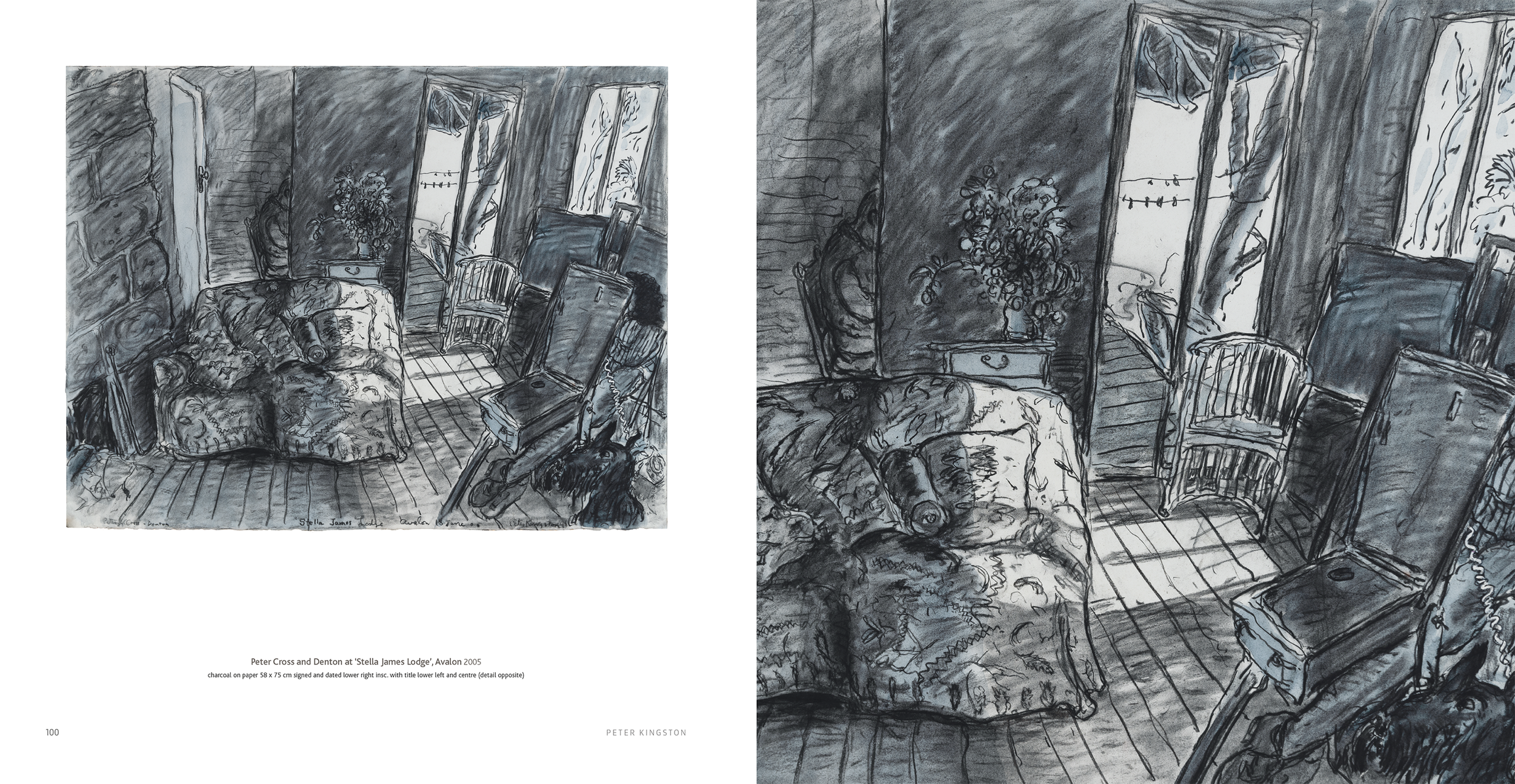 Artistic sketch of a cozy bedroom with a bed, a window with curtains, a bedside table with a vase of flowers, and chairs, rendered in black and white with broad strokes and shading.