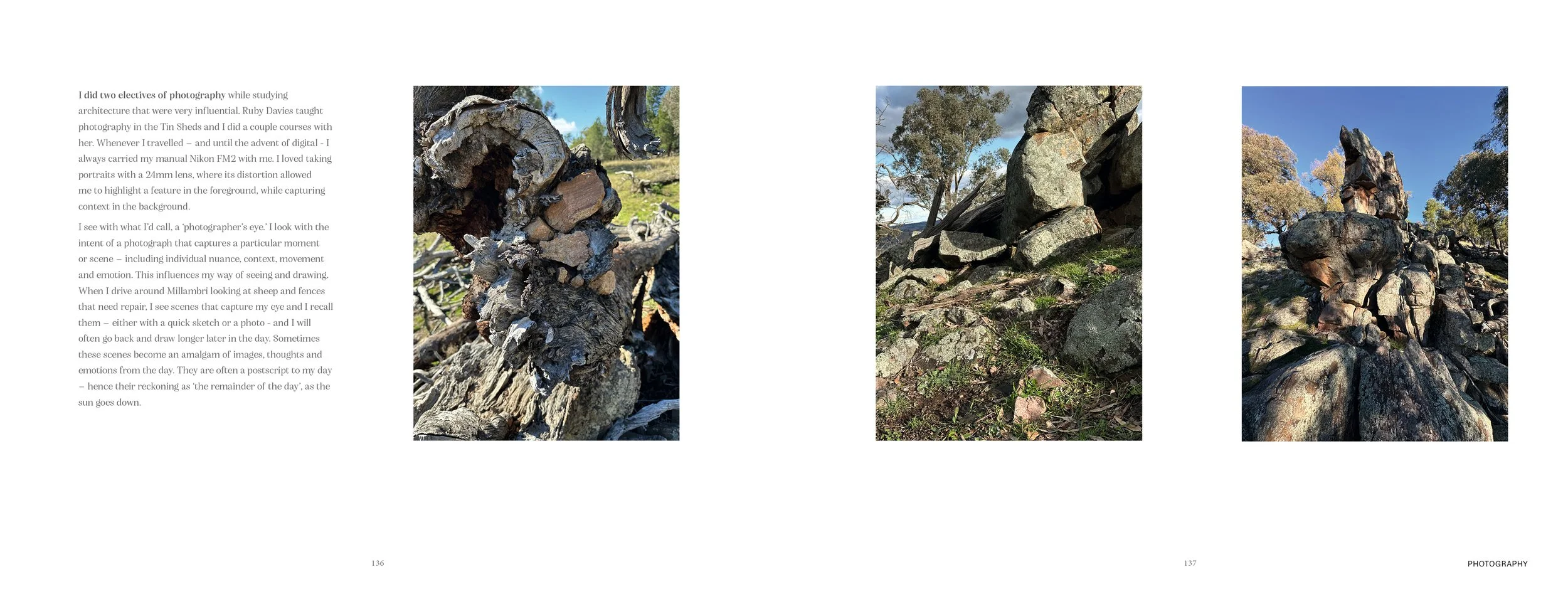 Three photographs of rocky outdoor landscapes on a two-page spread, with accompanying text on the left page.