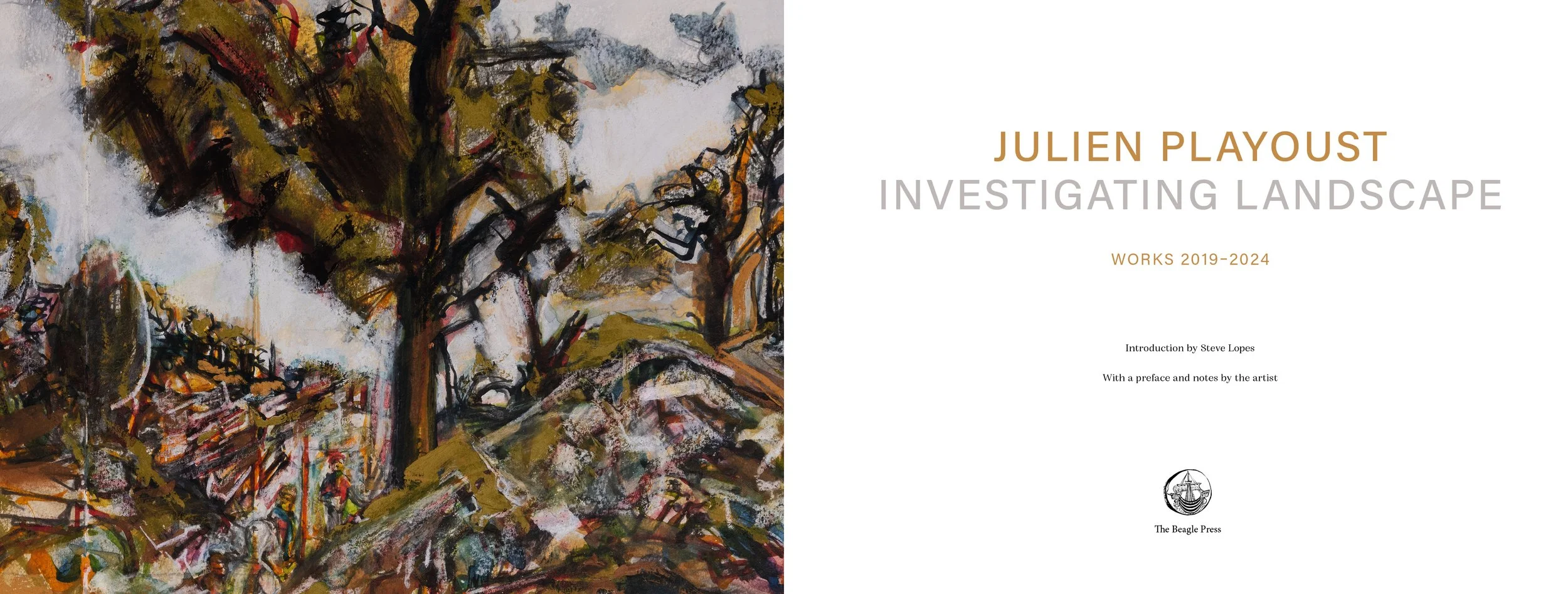 Book cover for Julien Ploust's 'Investigating Landscape,' with an abstract landscape painting featuring trees and a pathway on the left side and the title and author information on the right side.