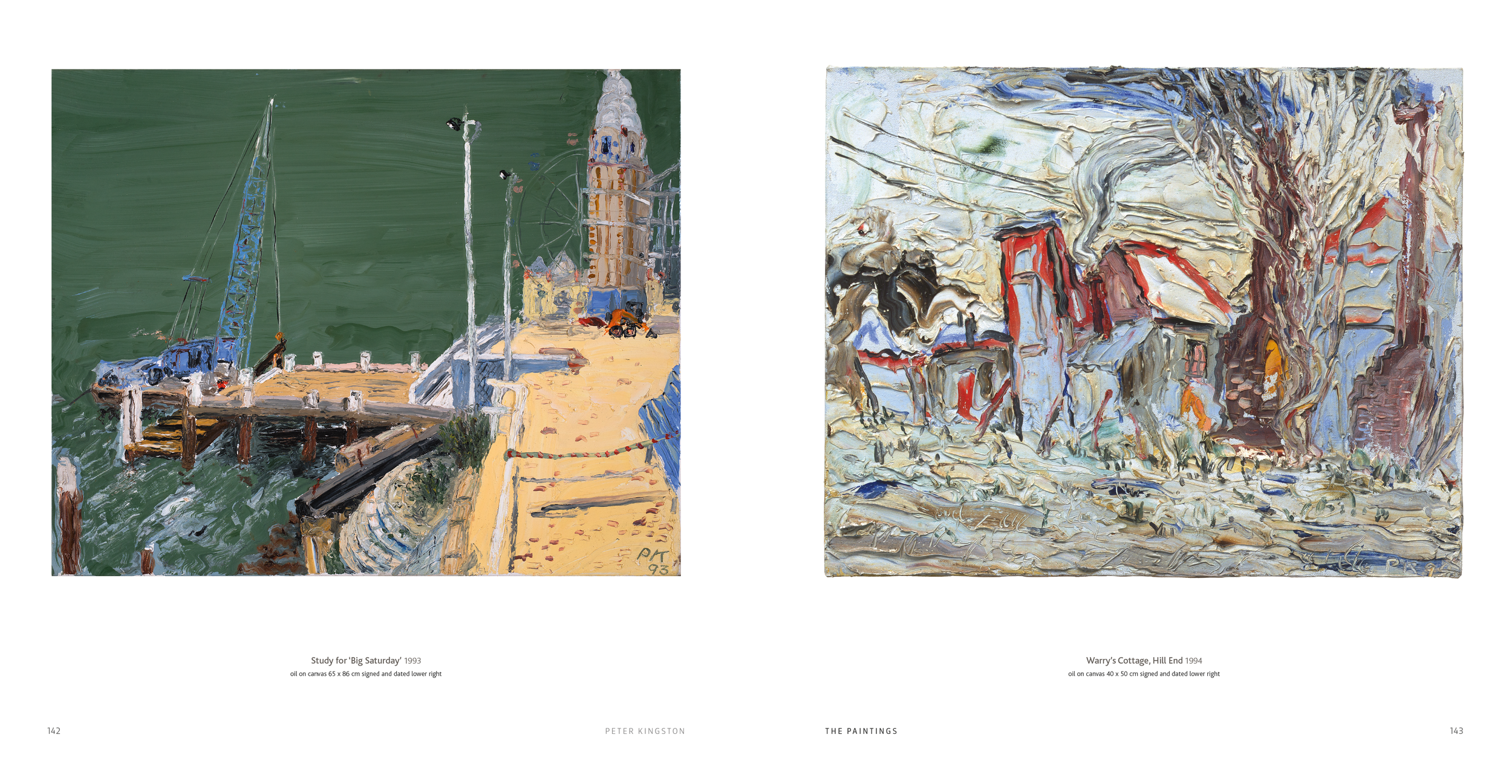 Two paintings by Peter Kingston. The left painting titled 'Study for Big Saturday' 1993, depicts a green ocean view with a pier and a crane, with a sandy pathway along the coast. The right painting titled 'Warry's Cottage, Hill End' 1994, shows a rug
